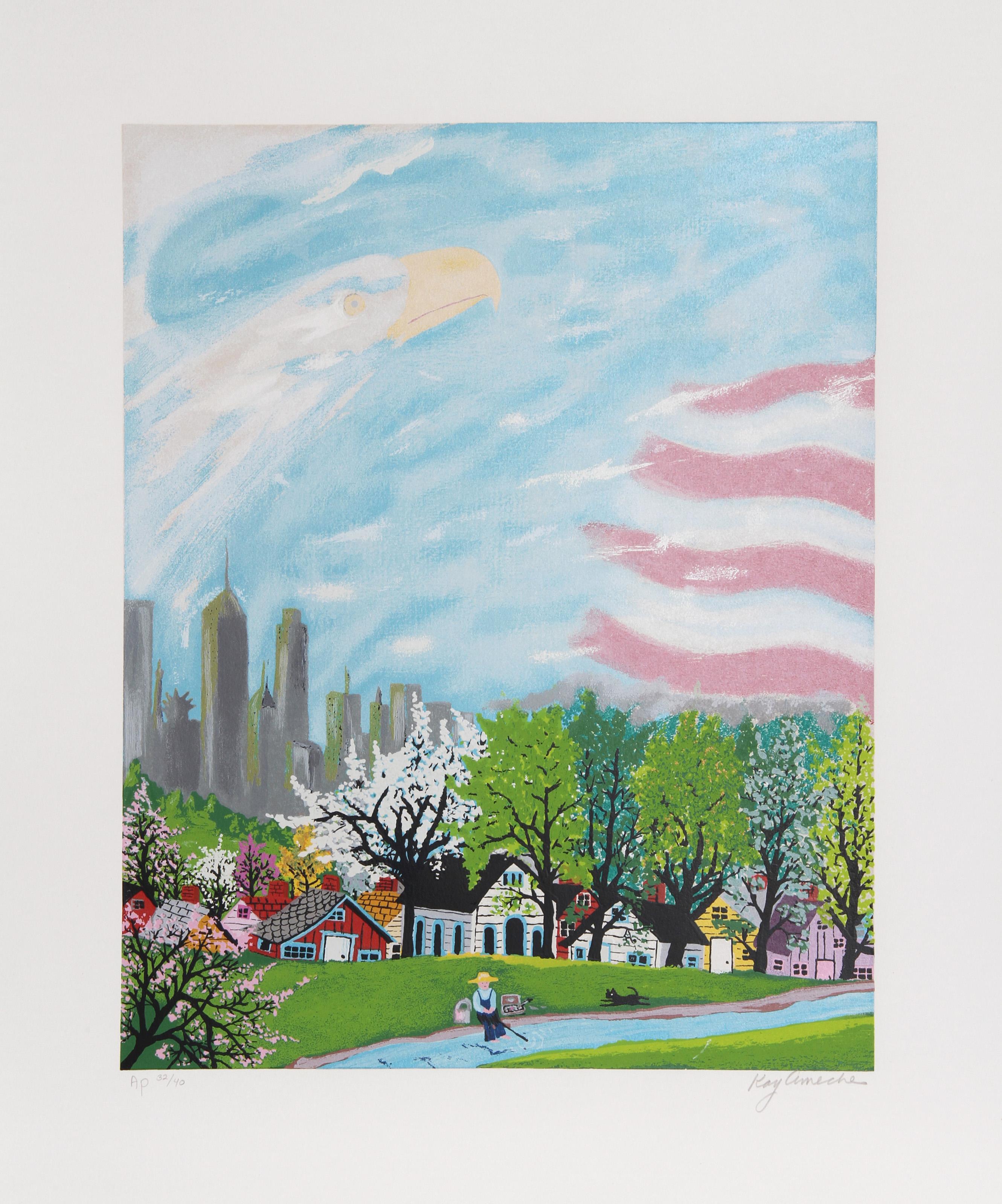 Kay Ameche, Amerikaner (1904 - 2005) - Amerika Licht der Welt, Jahr:  1980, Medium:  Siebdruck, signiert und nummeriert mit Bleistift, Auflage:  200, AP 40, Bildgröße:  20 x 16 Zoll, Größe:  26 in. x 22 in. (66.04 cm x 55.88 cm), Beschreibung:  Der