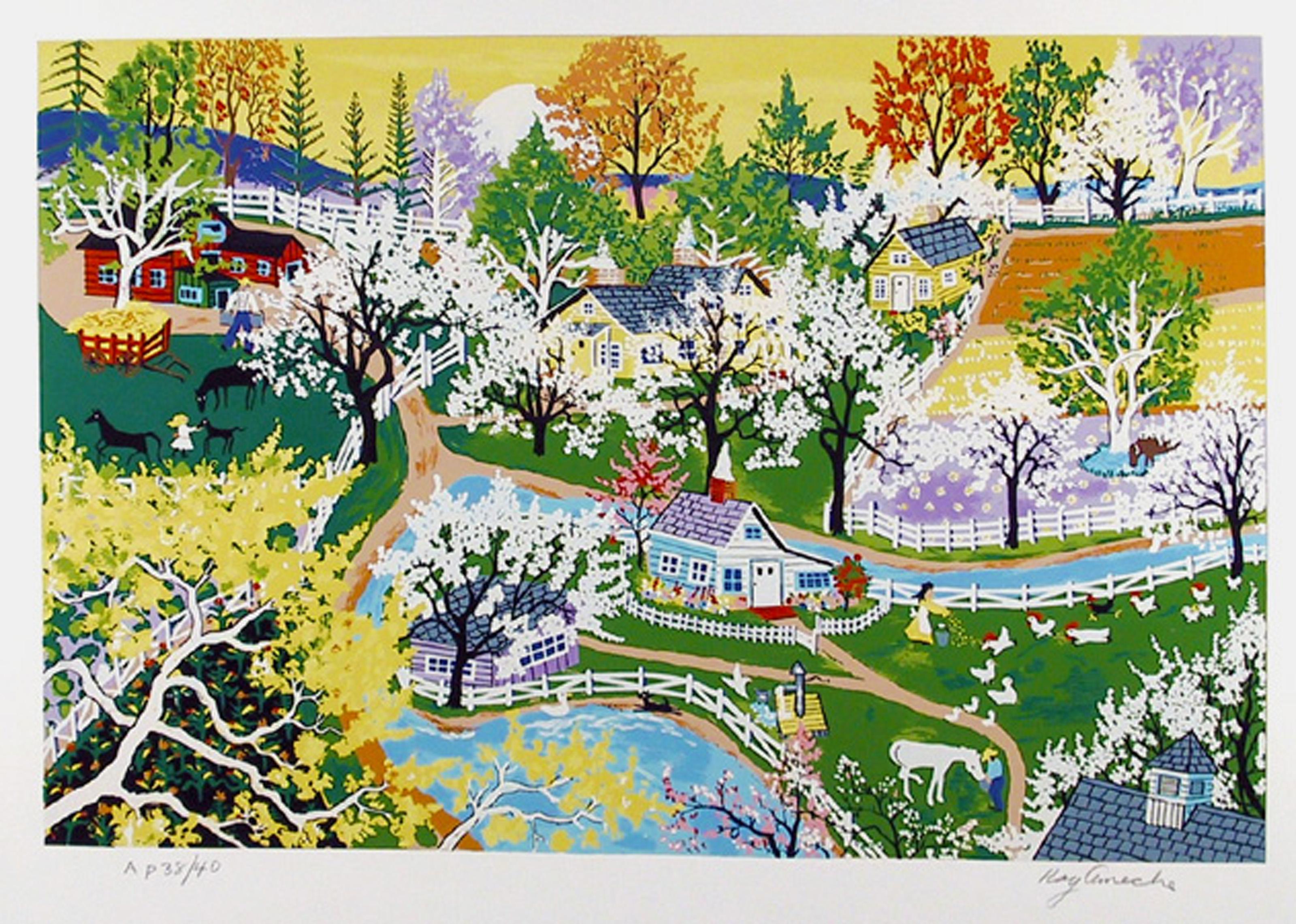 Kay Ameche, estadounidense (1904 - 2005) - Gloria en flor de manzano, Año:  1981, Medio:  Serigrafía, firmada y numerada a lápiz, Edición:  200, AP 40, Tamaño:  55,88 cm x 66,04 cm, Descripción:  A través de la hierba verde y brillante, una serie de