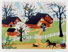 Vintage Apple Blossom Time, Folk Art Screenprint by Kay Ameche