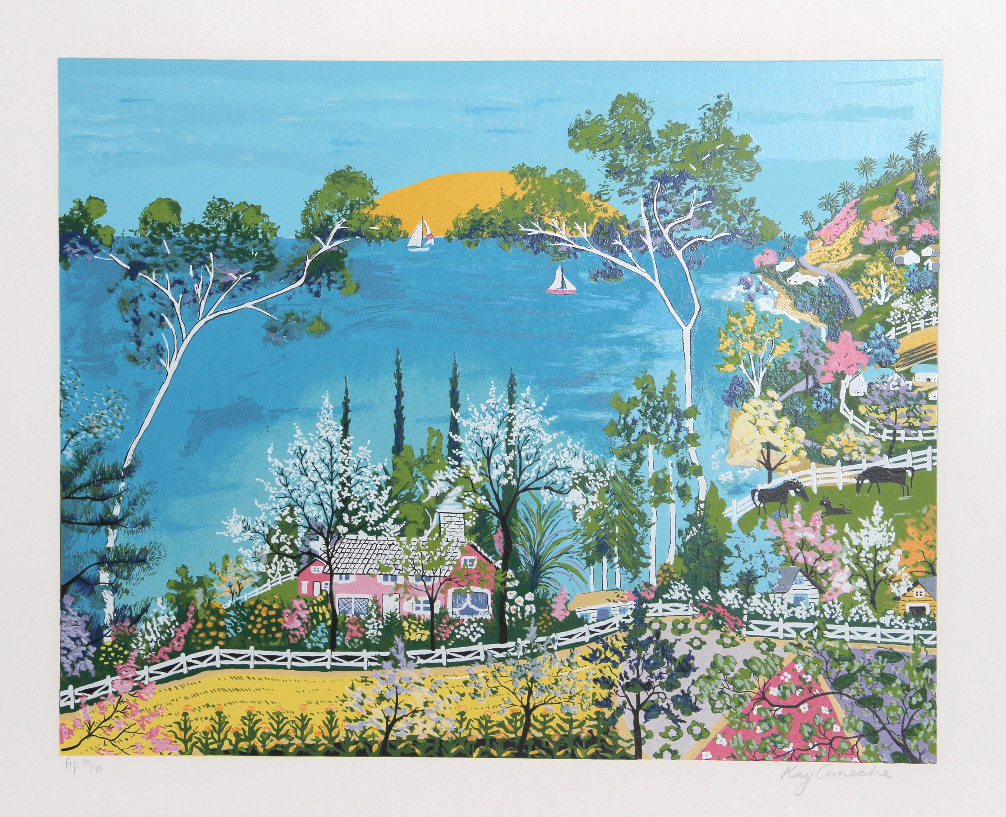 Kay Ameche, americana (1904 - 2005) - Big Sur, anno:  1981, Medio:  Serigrafia, firmata e numerata a matita, Edizione:  200, AP 40, Dimensioni immagine:  17 x 21,5 pollici, Dimensioni:  22.5 in. x 26 in. (57.15 cm x 66.04 cm), Descrizione:  La