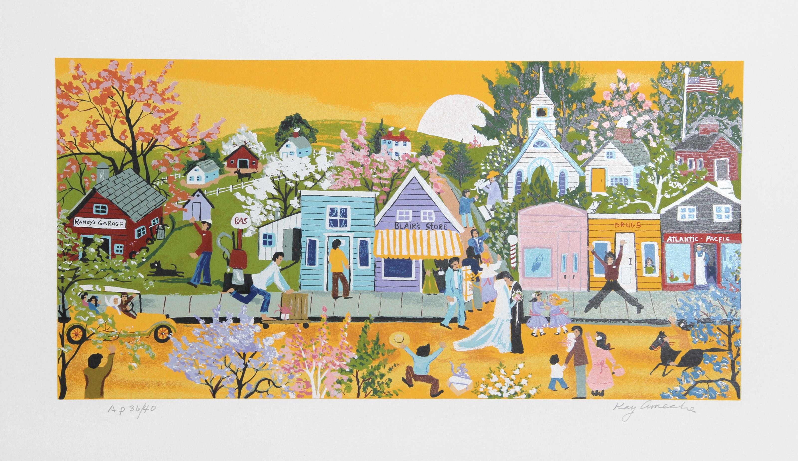Kay Ameche, americana (1904 - 2005) - L'angolo di Blair, anno:  1981, Medio:  Serigrafia, firmata e numerata a matita, Edizione:  200, AP 40, Dimensioni immagine:  11,5 x 24 pollici, Dimensioni:  17.5 in. x 29 in. (44.45 cm x 73.66 cm), Descrizione: