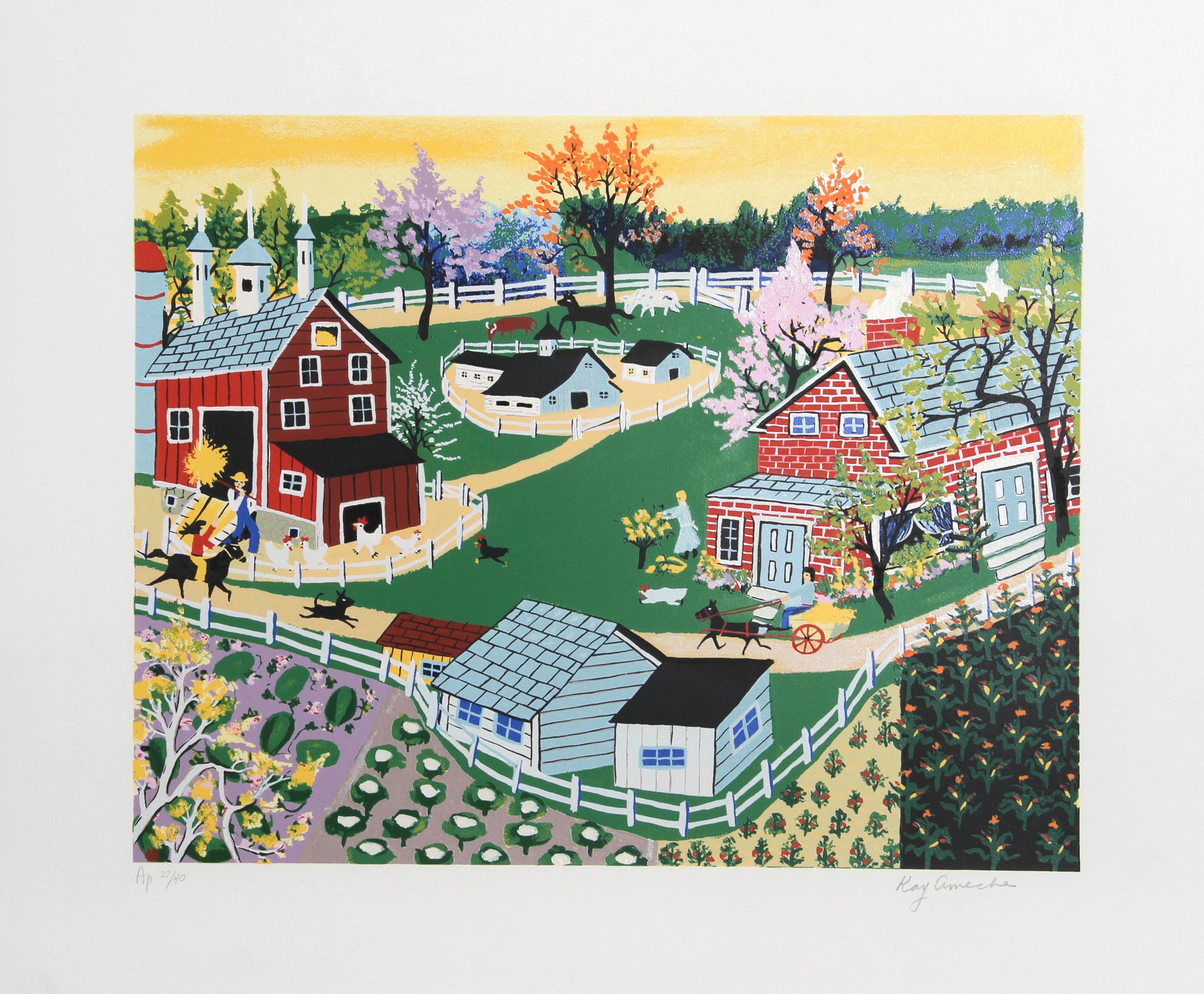 Kay Ameche, americana (1904 - 2005) - Fattoria Eisenhower a Gettysburg, anno:  1980, Medio:  Serigrafia, firmata e numerata a matita, Edizione:  250, AP 40, Dimensioni immagine:  17 x 21 pollici, Dimensioni:  22 in. x 26 in. (55,88 cm x 66,04 cm),