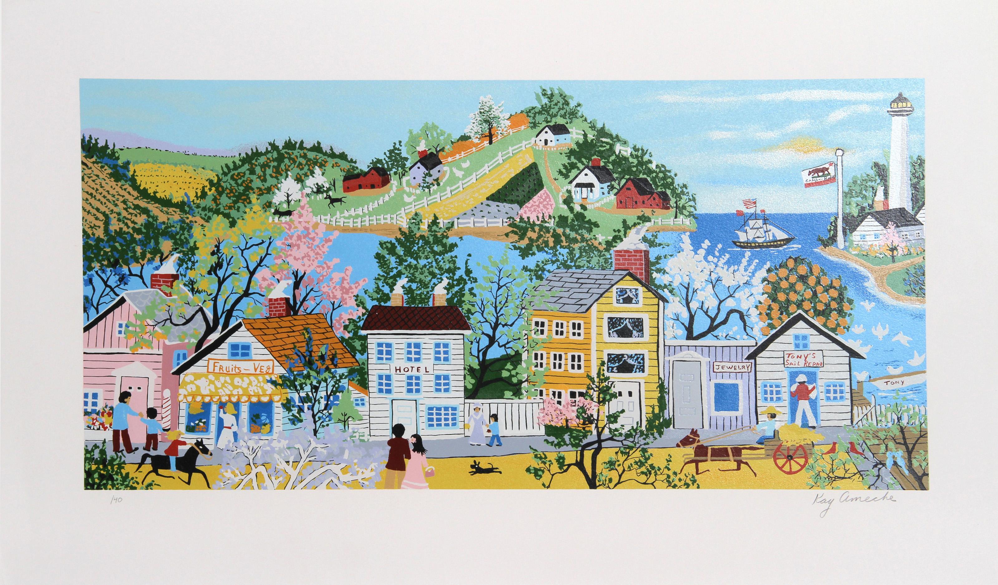 Kay Ameche, americana (1904 - 2005) - Ft. Point, San Francisco, CA, Anno:  1981, Medio:  Serigrafia, firmata e numerata a matita, Edizione:  200, AP 40, Dimensioni immagine:  12 x 25 pollici, Dimensioni:  17.5 in. x 30 in. (44.45 cm x 76.2 cm),