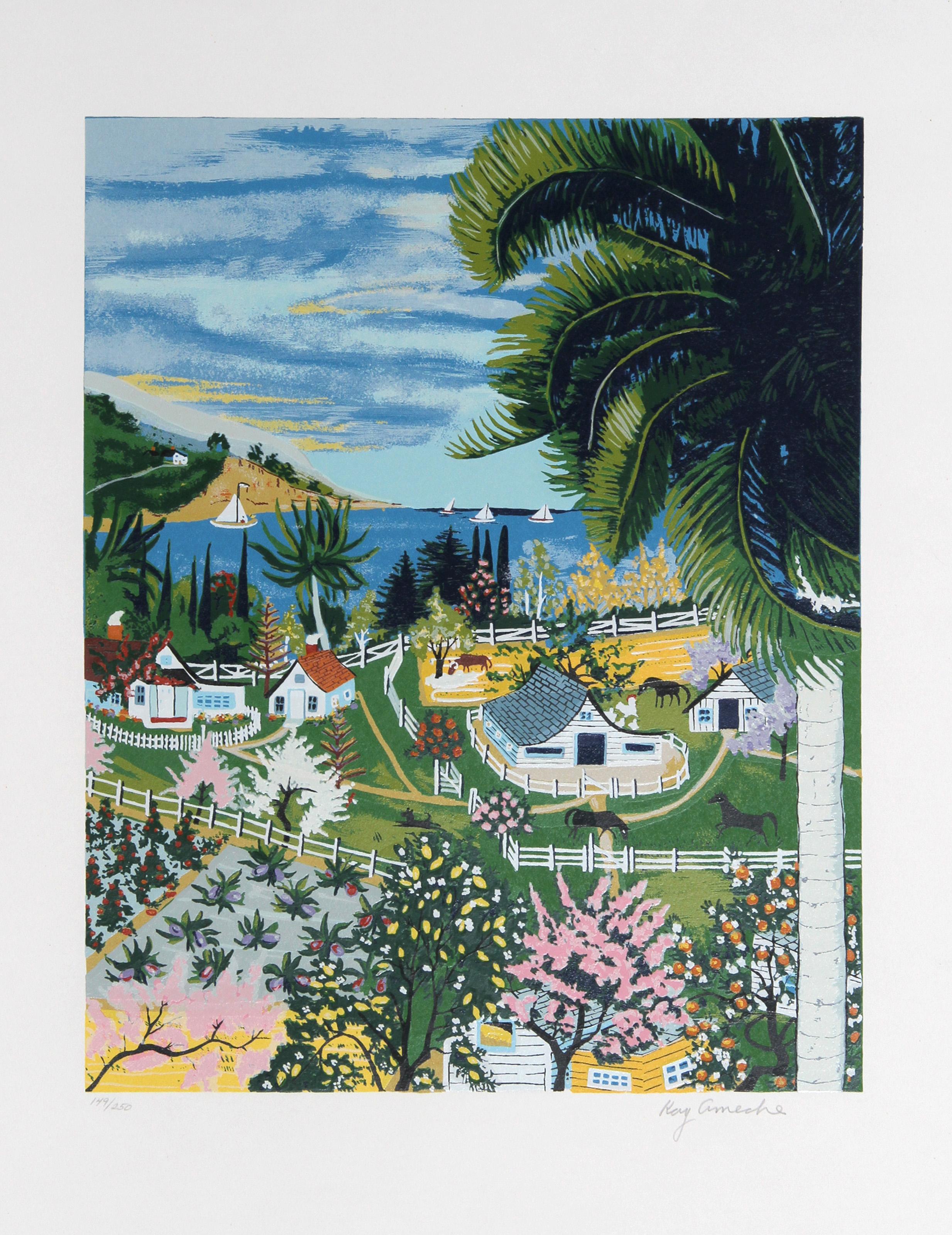 Kaye Ameche, Americana (1904 - 2005) - Malibu, CA, Anno:  1981, Medio:  Serigrafia, firmata e numerata a matita, Edizione:  200, AP 40, Dimensioni immagine:  20 x 16 pollici, Dimensioni:  26 in. x 22 in. (66,04 cm x 55,88 cm), Descrizione:  Situato