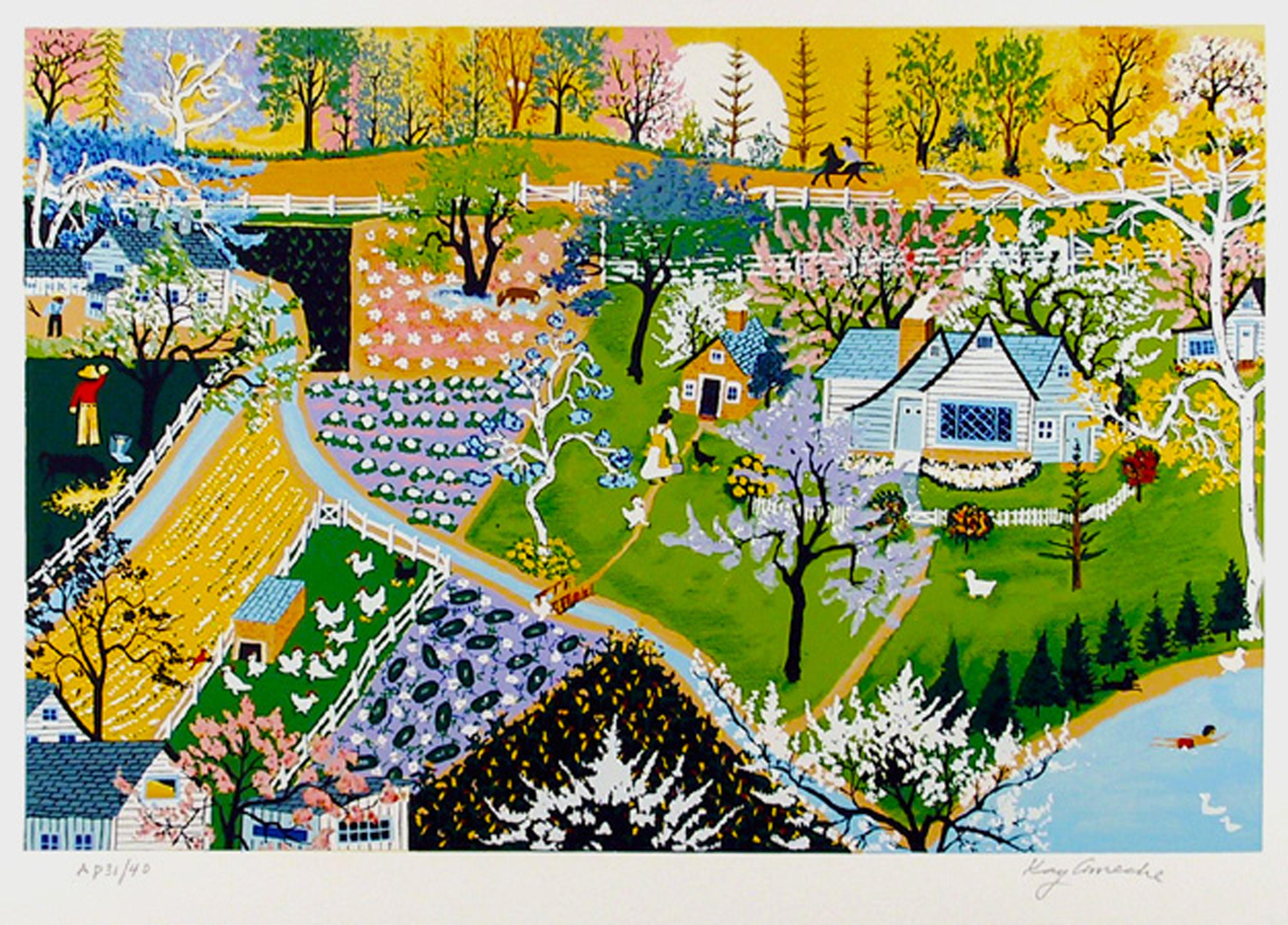 Kay Ameche, estadounidense (1904 - 2005) - Fiebre de primavera, Año:  1981, Medio:  Serigrafía, firmada y numerada a lápiz, Edición:  200, AP 40, Tamaño:  55,88 cm x 66,04 cm, Descripción:  Enclavadas a lo largo de la curvada costa, Kay Ameche