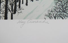 Walden Pond in Winter, Folk Art Screenprint by Kay Ameche