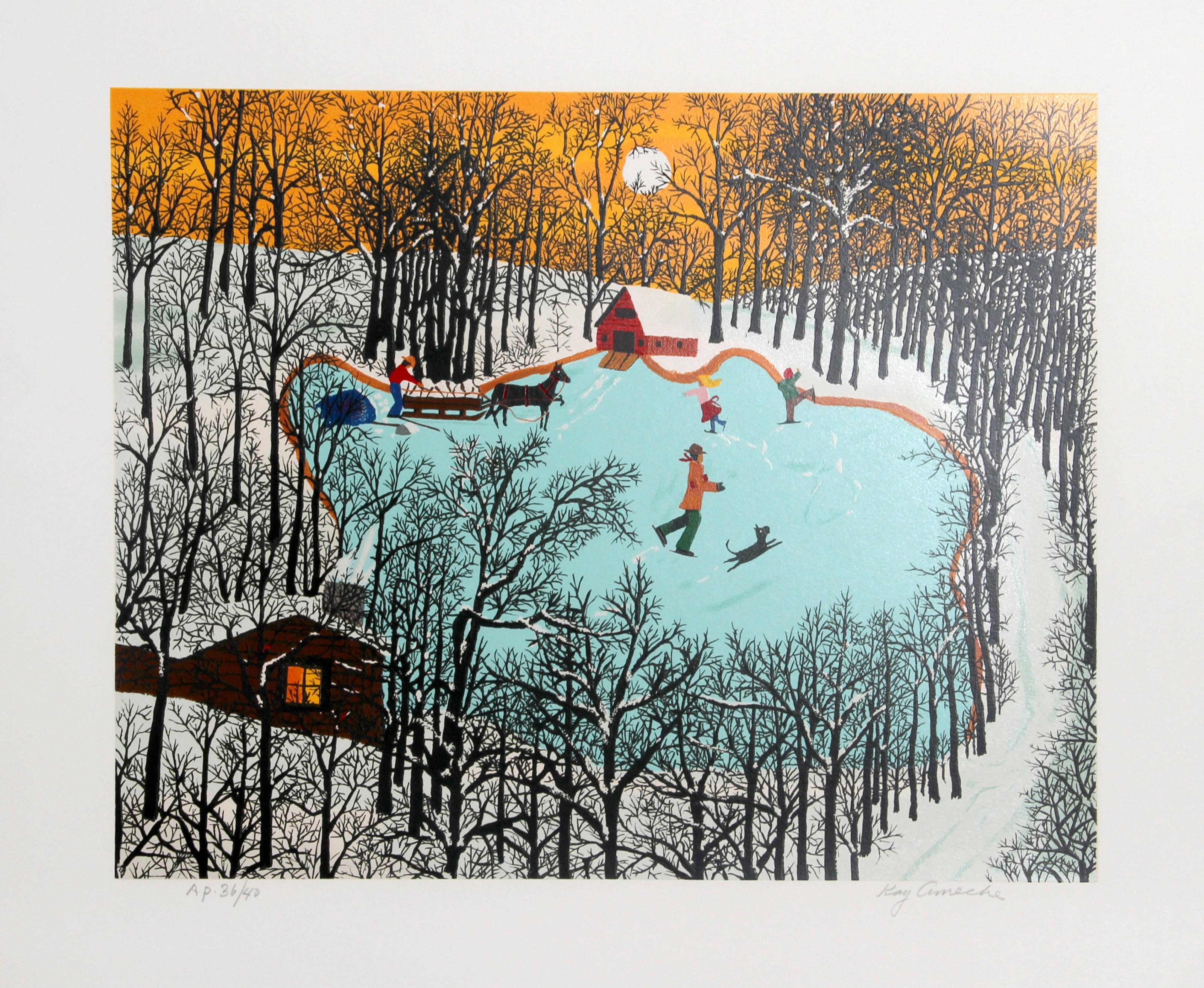 Kaye Ameche, americana (1904 - 2005) - Walden Pond in Winter, Anno:  1980, Medio:  Serigrafia, firmata e numerata a matita, Edizione:  200, AP 40, Dimensioni immagine:  17 x 21 pollici, Dimensioni:  22.5 in. x 26.5 in. (57.15 cm x 67.31 cm),