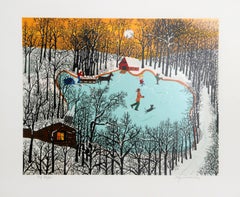 Walden Pond in Winter, Folk Art Screenprint by Kay Ameche