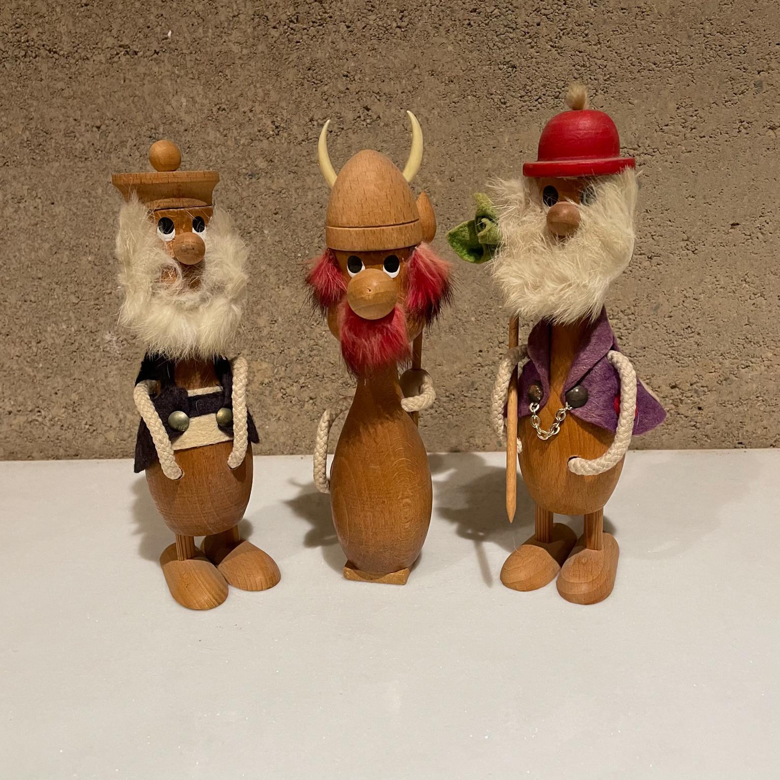 Set of three wooden toys with furry beards made in Denmark.
In the Style of Kay Bojesen Denmark 1960s
The tallest Viking is 8 1/4T x 3 W x 4 D
Maker stamped Denmark circa 1960s 
Original preowned vintage condition.
Refer to images provided.