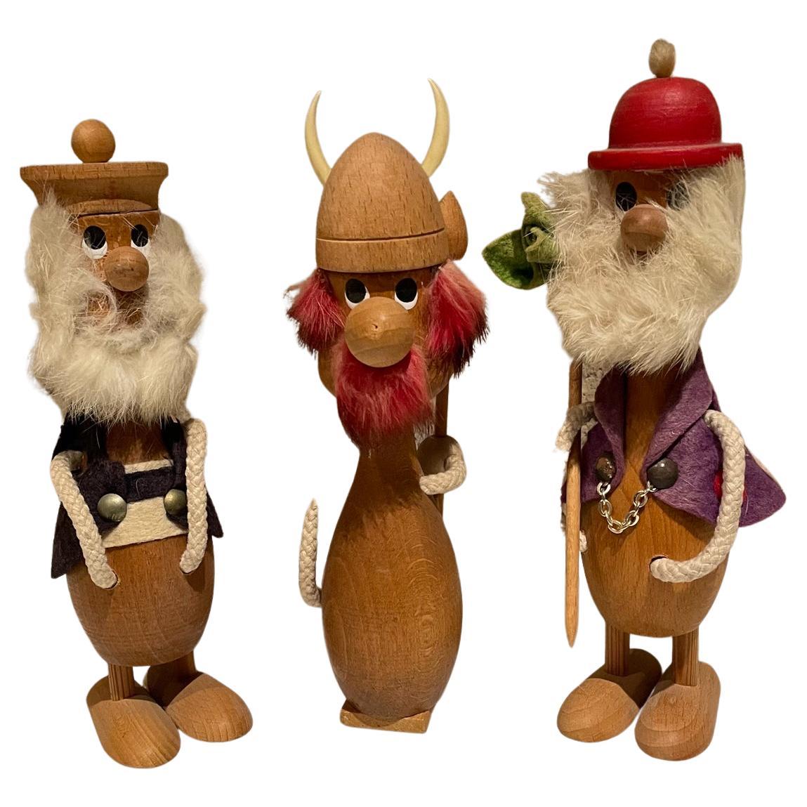 Style Kay Bojesen Danish Modern Three Wood Viking Toys Fur Beards, Denmark 1960s