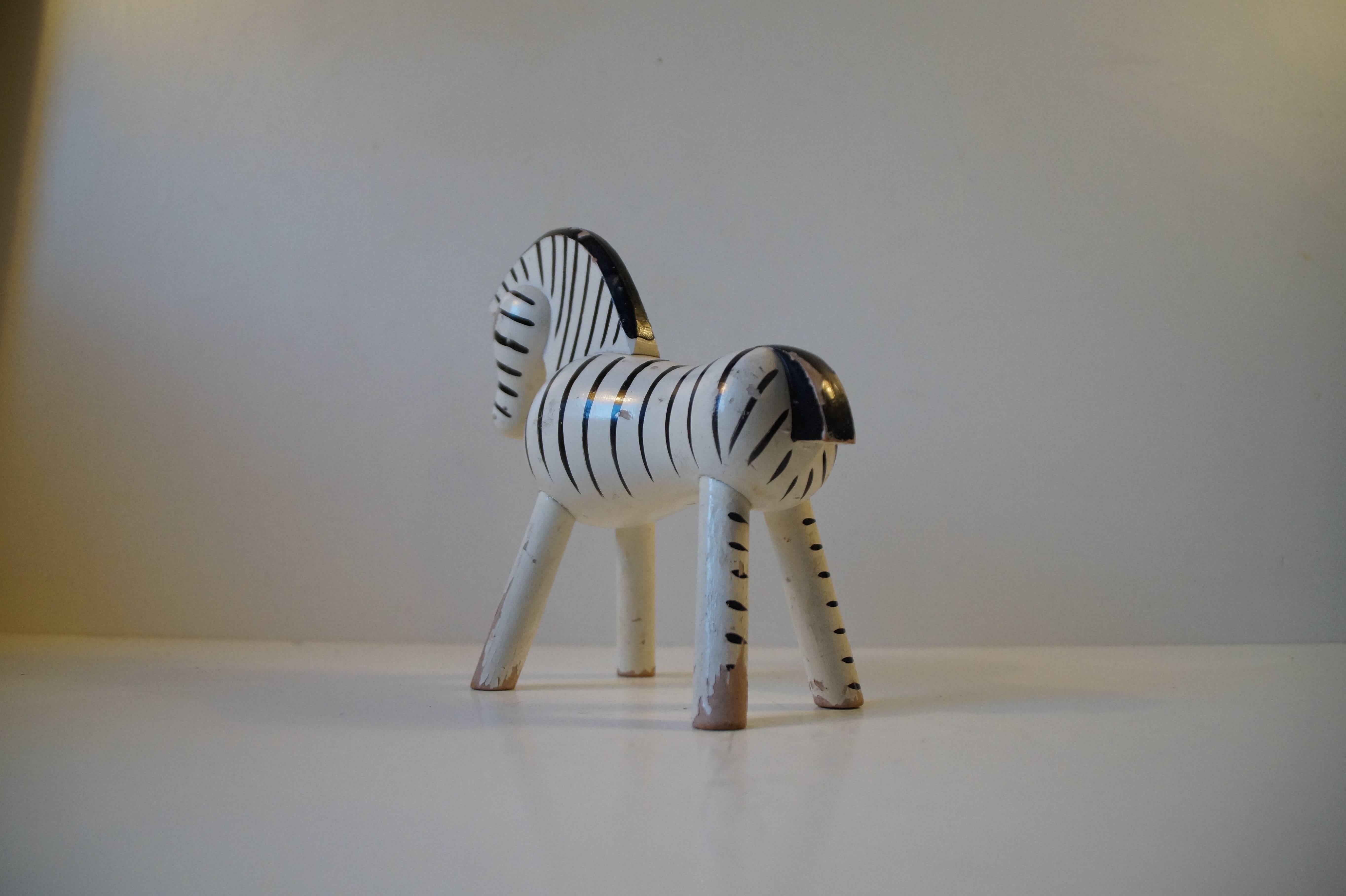 Mid-Century Modern Kay Bojesen Original Painted Beech Zebra Figure with Patina, 1950s Danish Modern For Sale