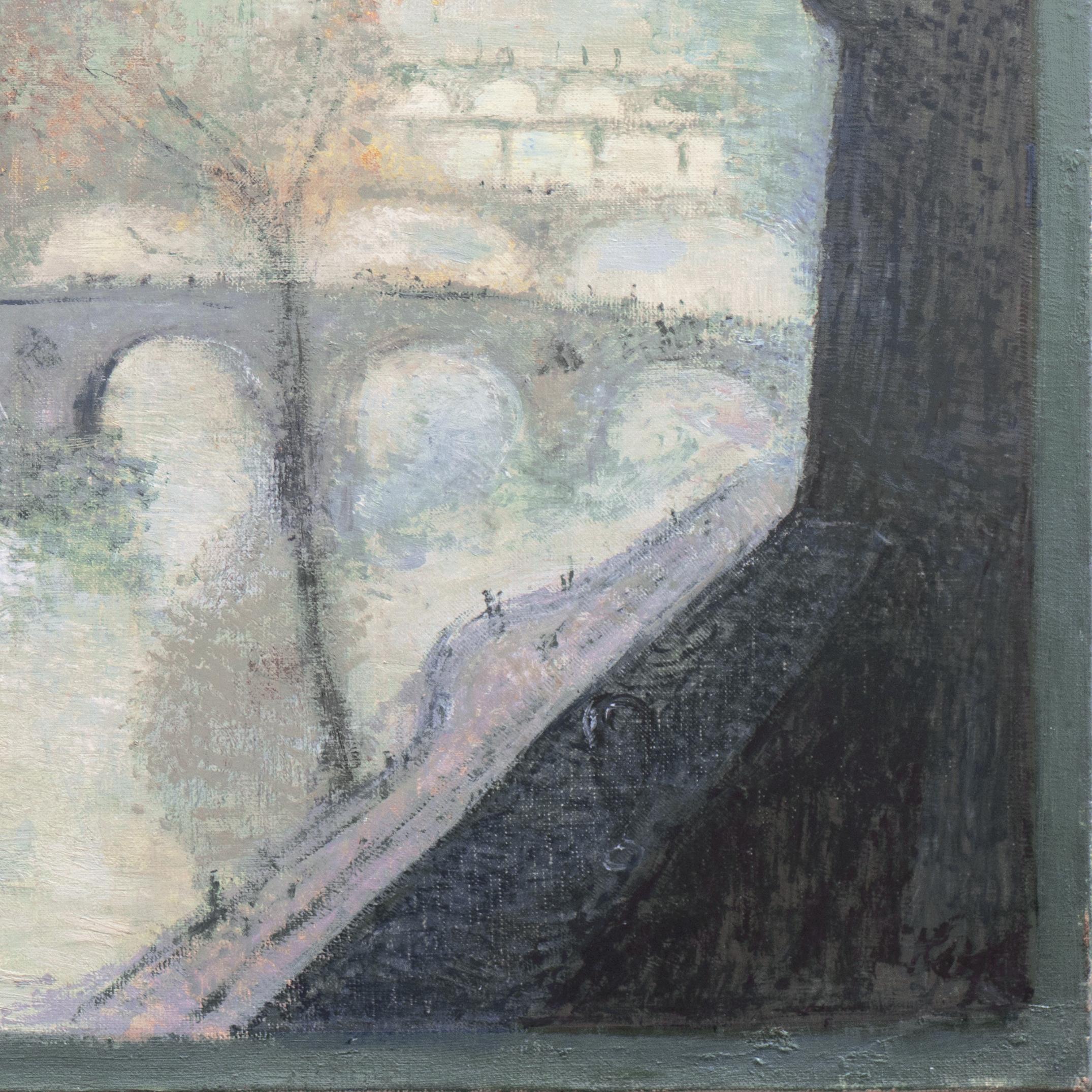 « Vue de la Seine et du Pont Marie », École de Paris, huile post-impressionniste - Gris Still-Life Painting par Kay Christensen
