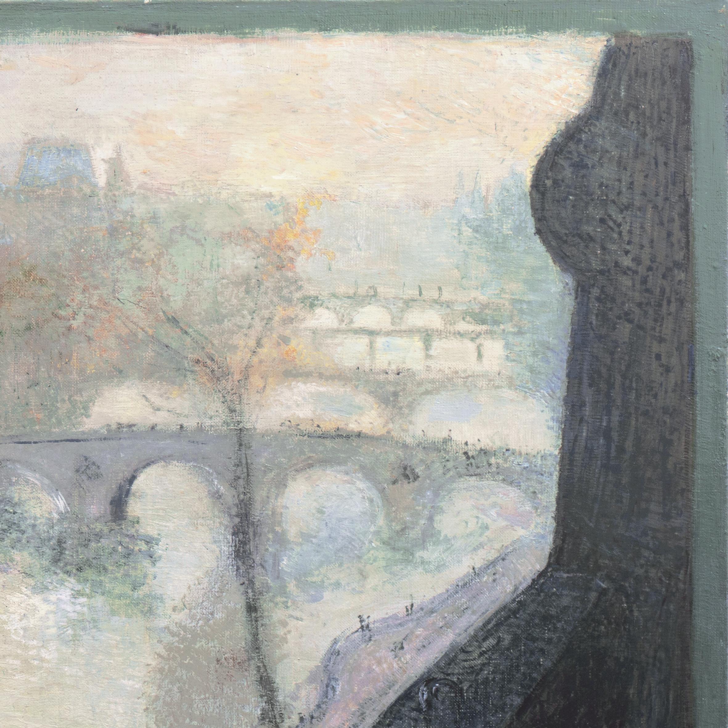 'View of the Seine and the Pont Marie', School of Paris, Post Impressionist oil - Gray Still-Life Painting by Kay Christensen