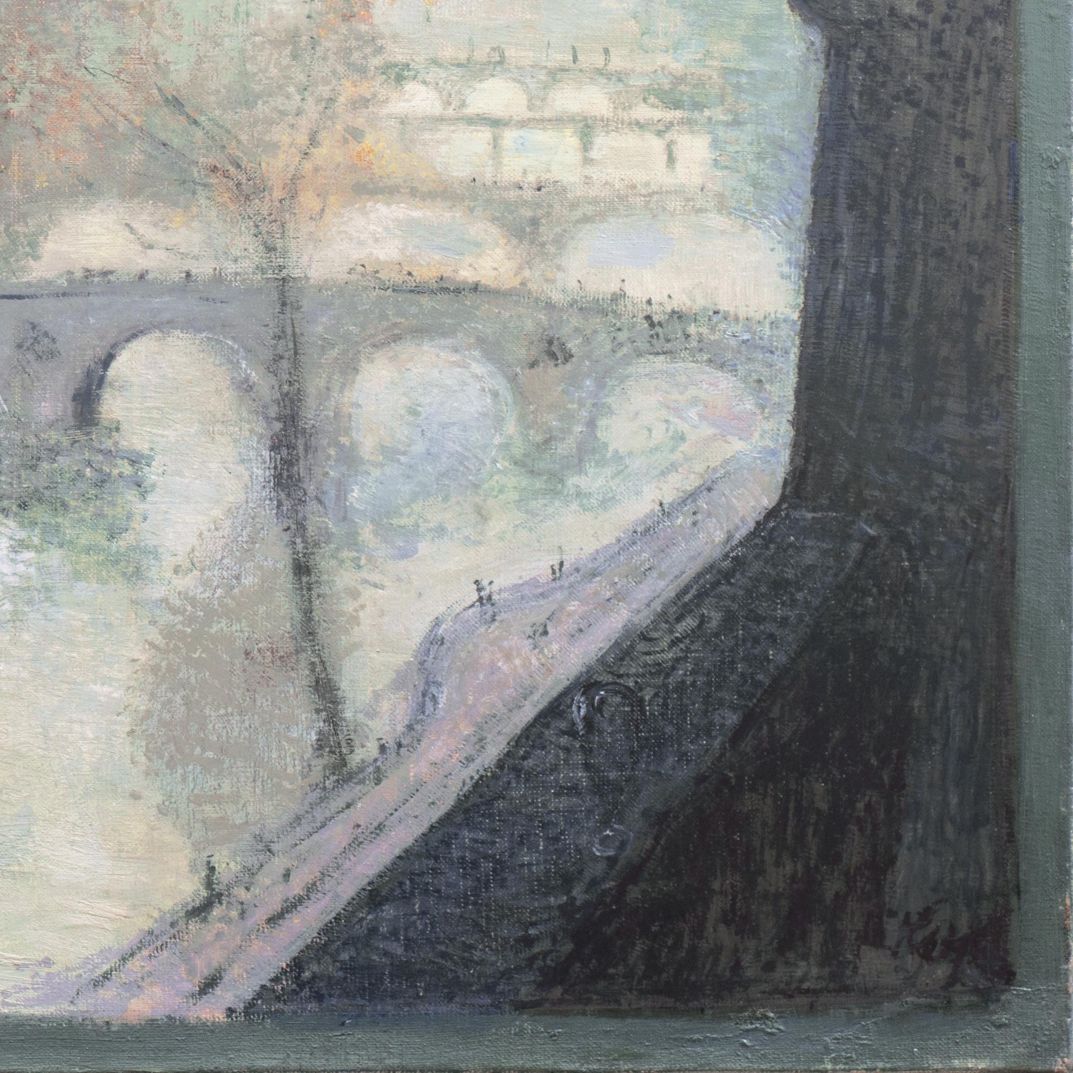 'View of the Seine and the Pont Marie', School of Paris, Post Impressionist oil - Gray Landscape Painting by Kay Christensen