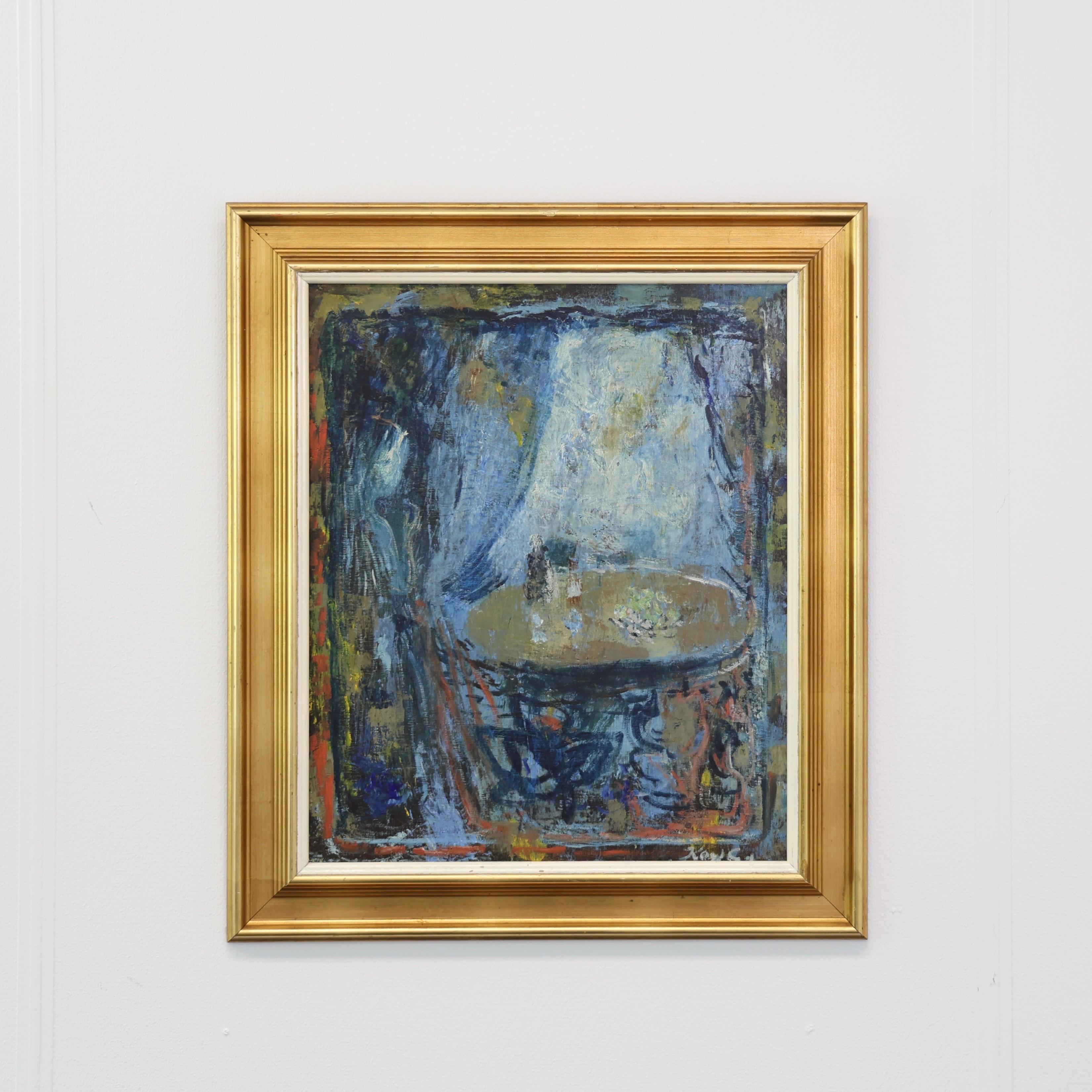 Poetic Oil Painting of Interior with Young Woman in Blue tones called: 