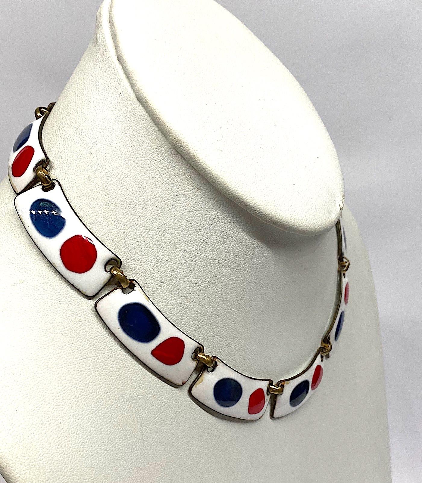 Kay Denning Mid Century Modern Red, White & Blue Enamel 1960s Necklace In Good Condition In New York, NY