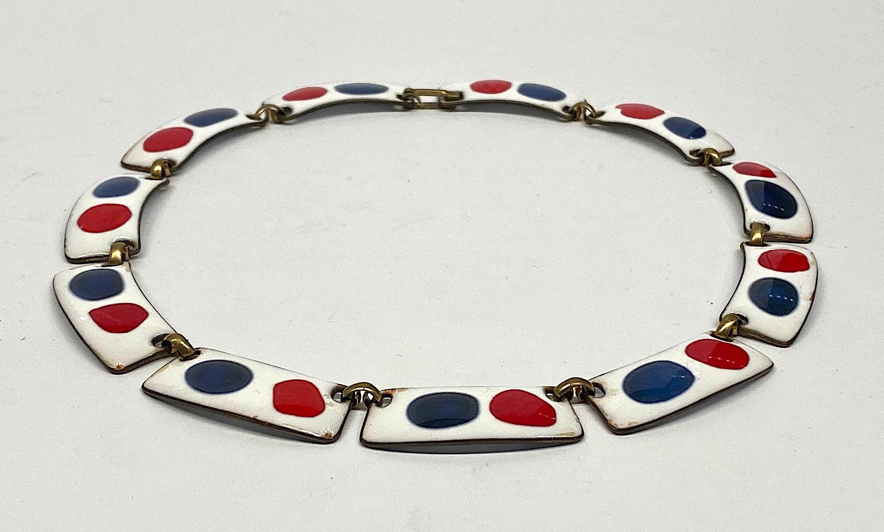 Kay Denning Mid Century Modern Red, White & Blue Enamel 1960s Necklace 1