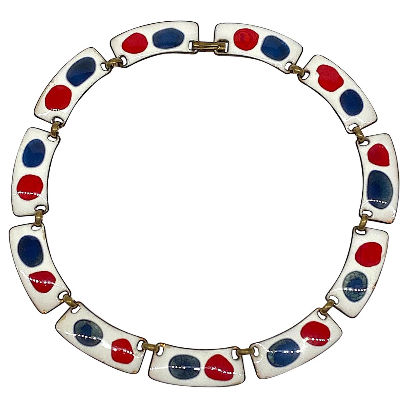 Kay Denning Mid Century Modern Red, White & Blue Enamel 1960s Necklace