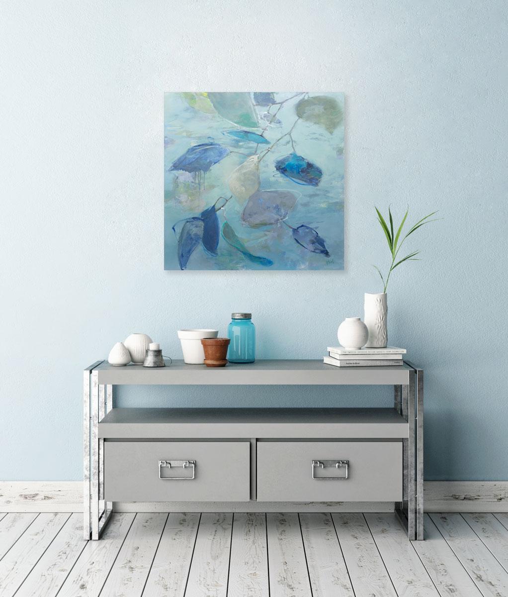 This abstract floral botanical painting by Colorado-based artist Kay Flierl features a cool blue palette, light layers, and loose, painterly brush strokes. It is signed by the artist in the lower right-hand corner of the painting, and is wired and