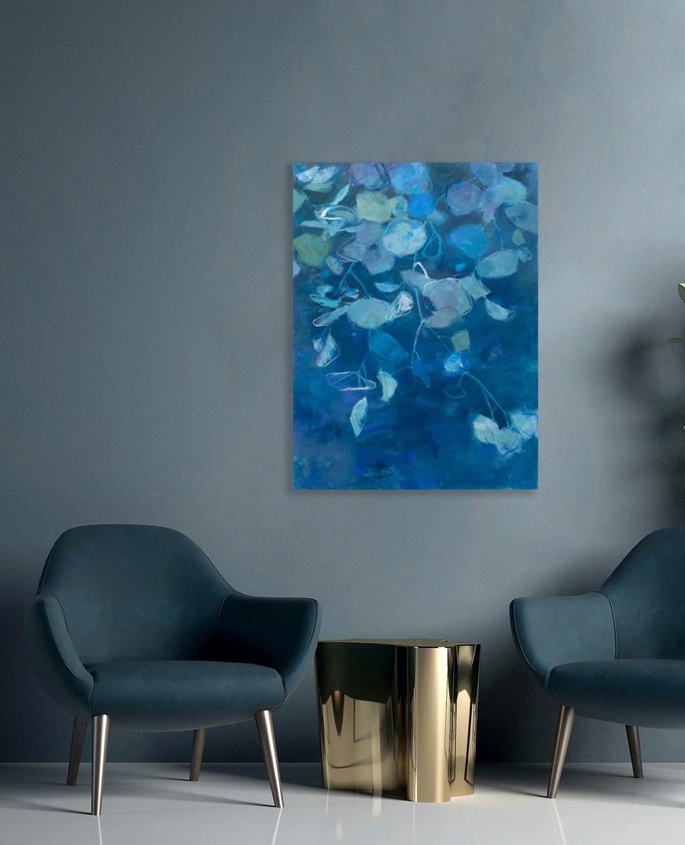 This abstract floral botanical painting by Colorado-based artist Kay Flierl features a cool, dark blue palette, light layers, and loose, painterly brush strokes. It is signed by the artist in the lower right-hand corner of the painting, and is wired