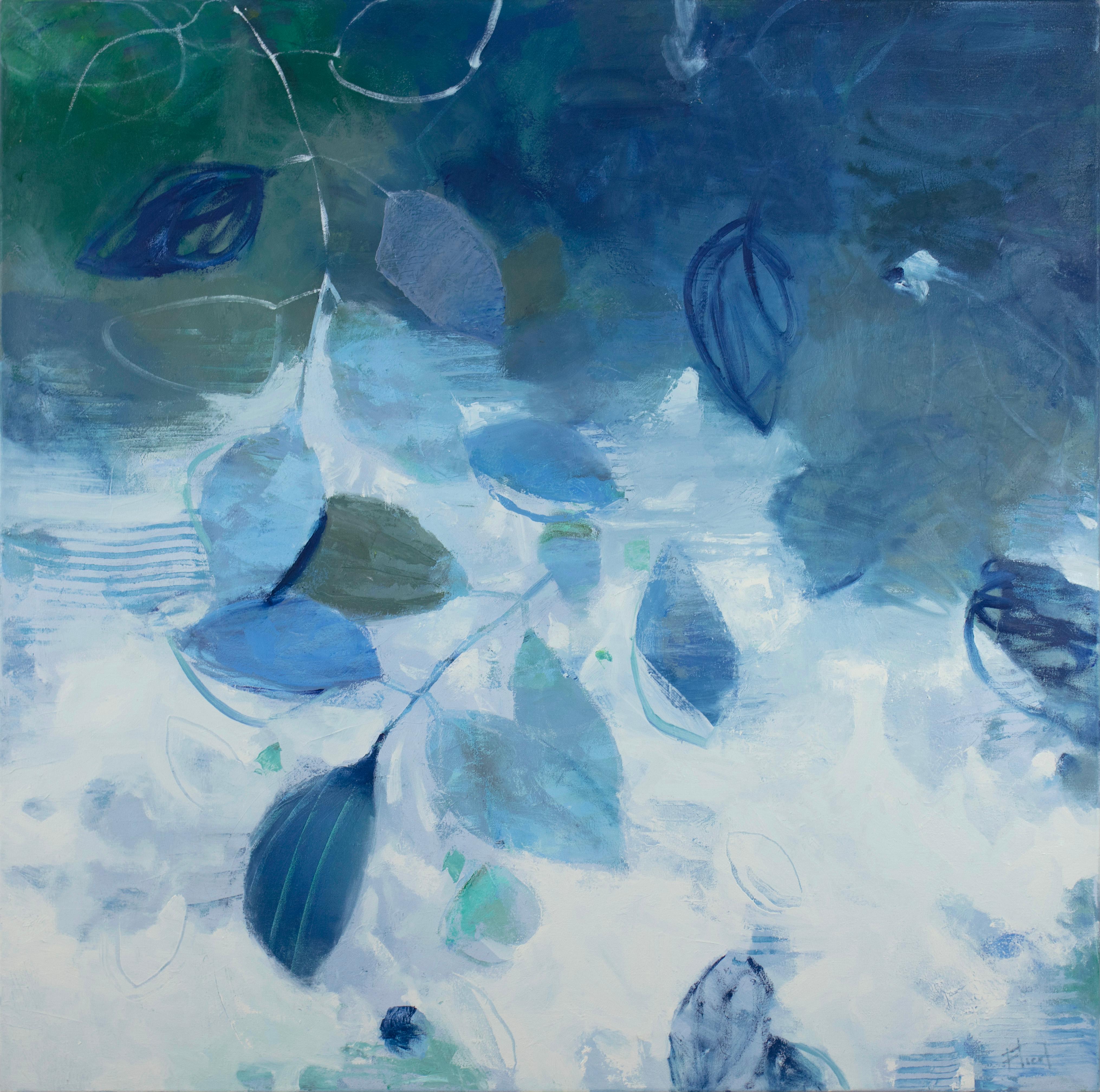 This abstracted floral painting by Kay Flierl features a blue, white, and green palette, with loosely abstracted leaf shapes layered together throughout the composition. The painting is made with oil paint on gallery wrapped canvas with neutral