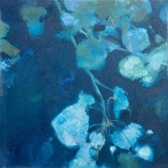 „Garden Lyrics 192“ Kleines blaues abstraktes geblümtes Gemälde 