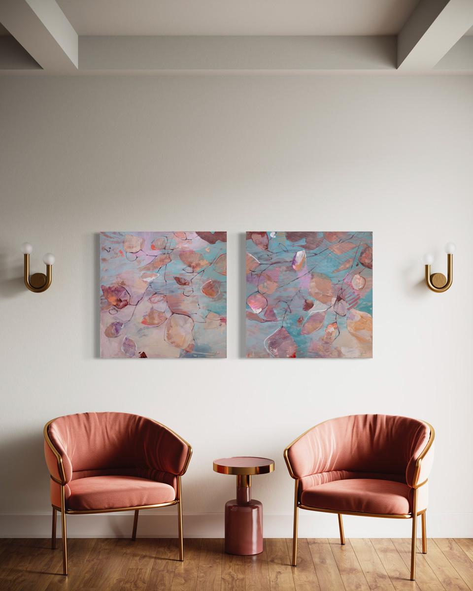 This abstract floral painting by Kay Flierl is made with oil on canvas and features an overall warm pink palette with contrasting blue accents. Painted abstract botanical shapes in varying tints and shades of red fan from branch-like line-work,