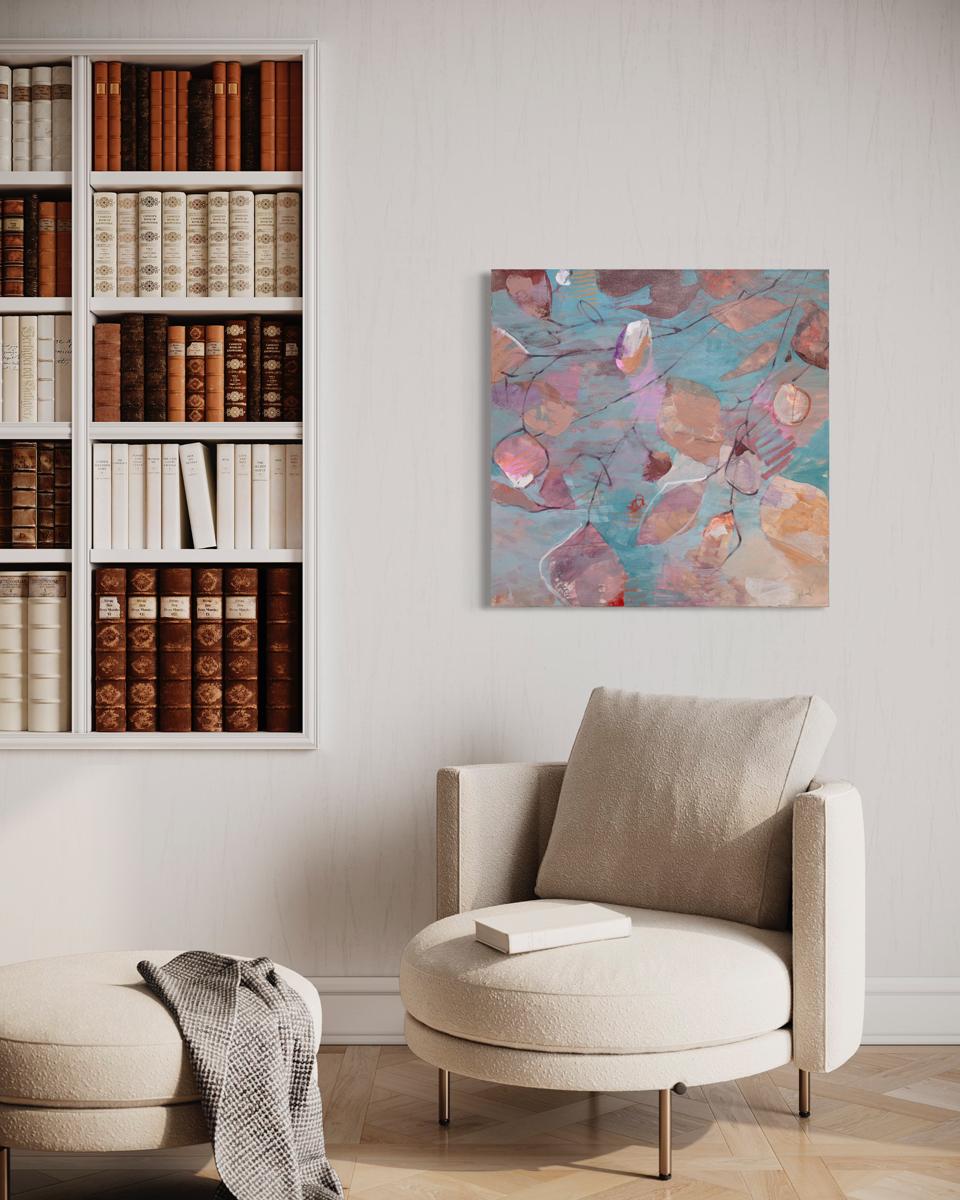 This abstract floral painting by Kay Flierl is made with oil on canvas and features an overall warm pink palette with a contrasting blue background. Painted abstract botanical shapes in varying tints and shades of red fan from branch-like line-work,