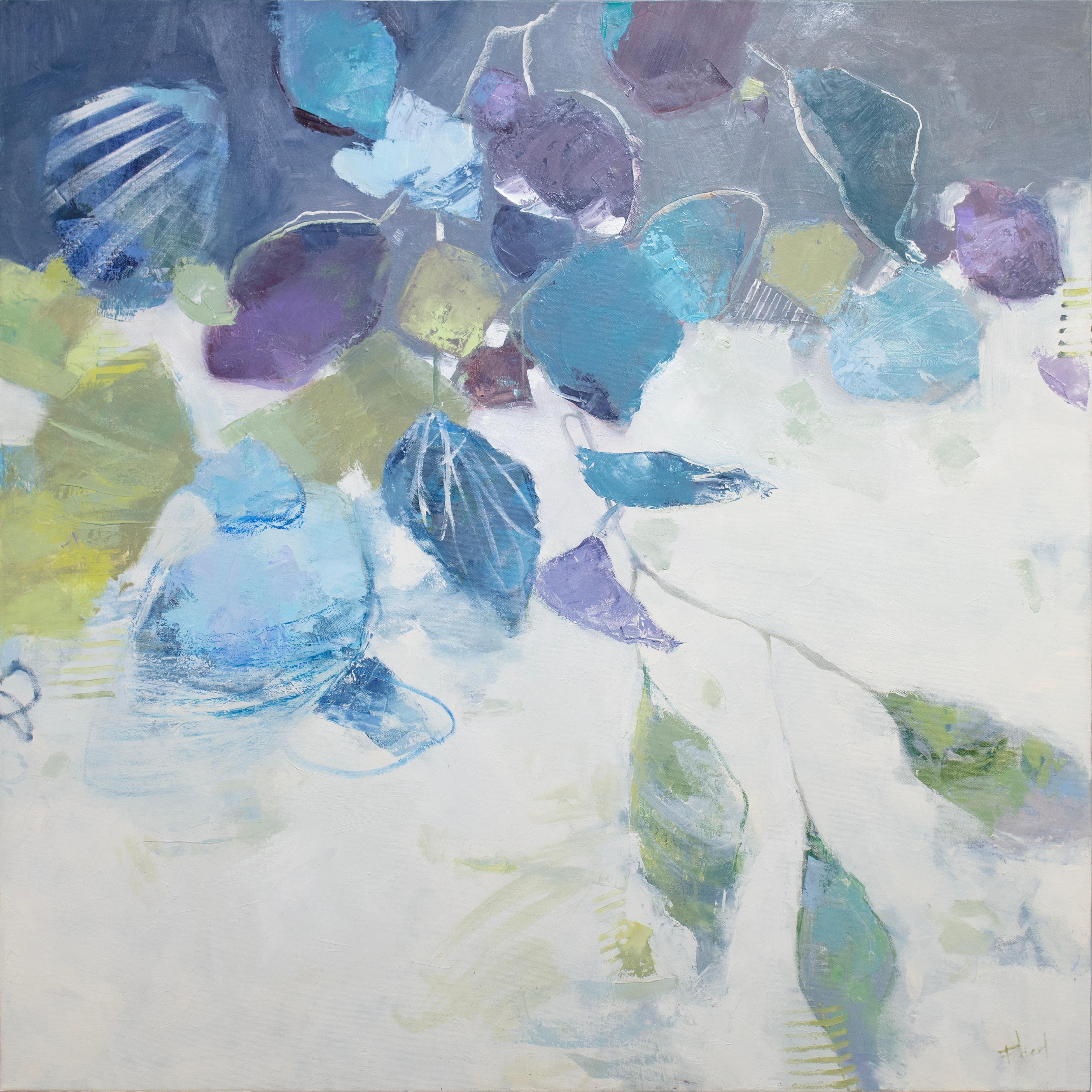 This abstract floral painting by Kay Flierl is made with oil paint on canvas and features a cool blue and white palette with earthy green and violet accents. Painted abstract botanical shapes fan from the top of the composition down toward the
