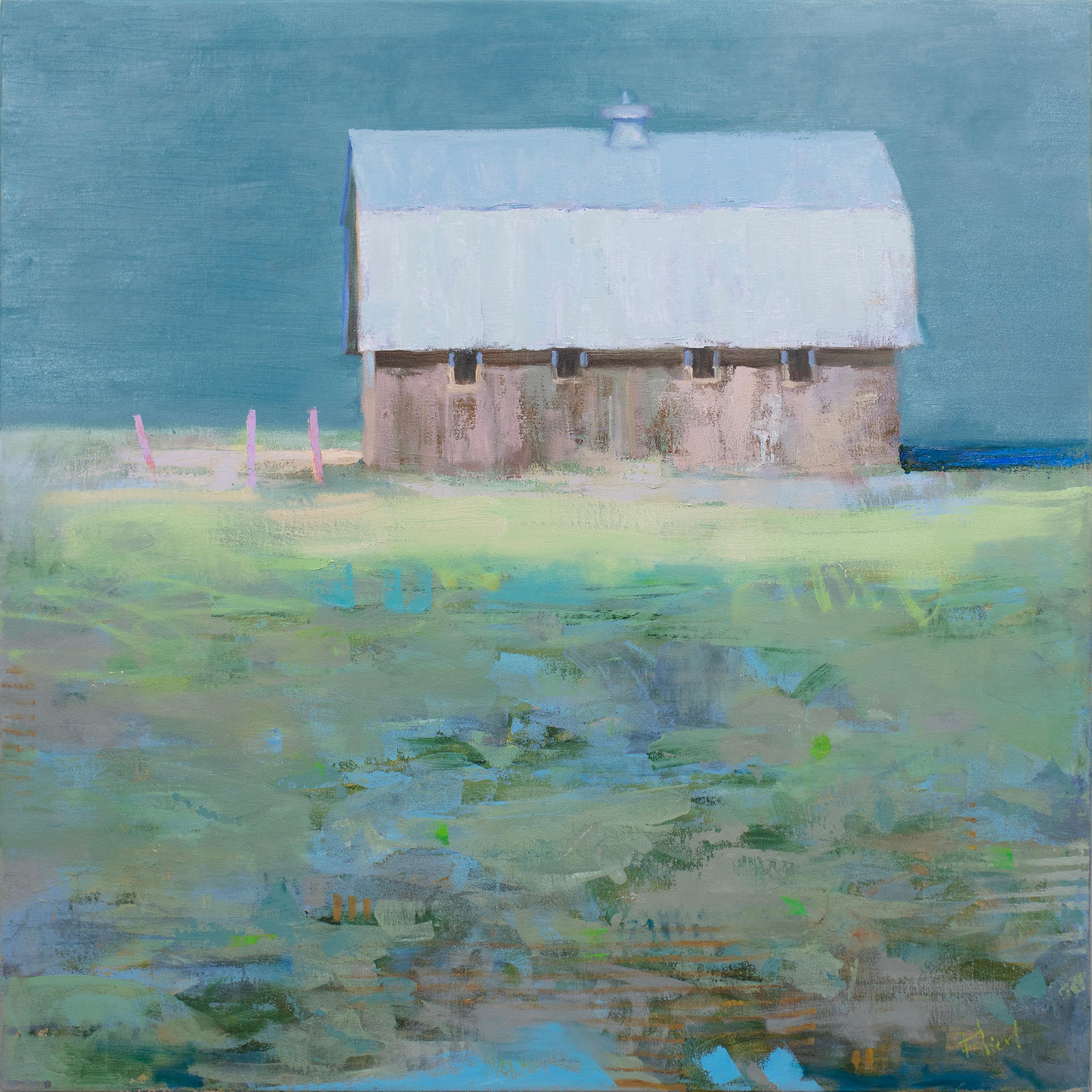 This landscape painting by Kay Flierl is made with oil paint on canvas and features a cool, earth-toned palette. It captures a rural scene of a barn in a green field under a muted blue sky, with painterly brush strokes lightly abstracting the scene