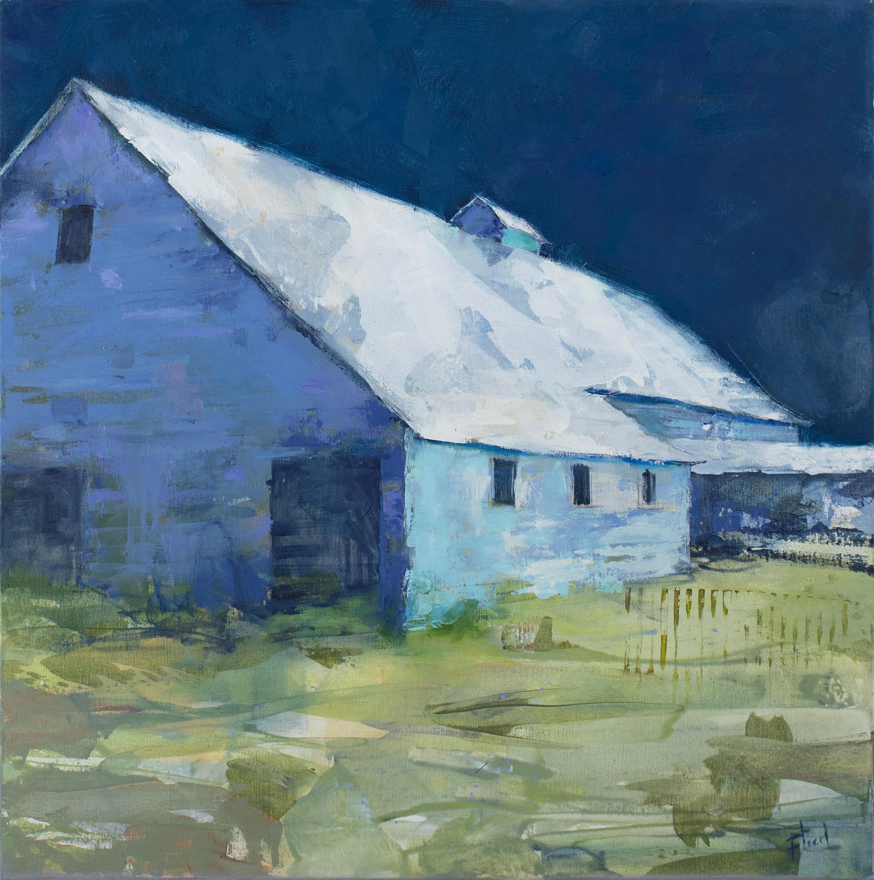 This contemporary barn painting by Kay Flierl features a cool blue and green palette and captures a rural scene of a blue barn in green grass. Elements of the painting are abstracted with painterly brush strokes. The painting is made with oil paint