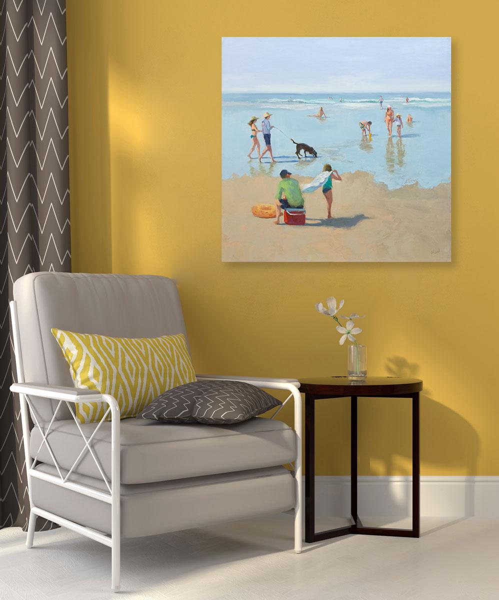This coastal landscape paintings captures beach-goers lounging and swimming along a shoreline, and features a cool palette and loose, painterly style. The painting is made with oil paint on gallery wrapped canvas, and has clean, neutral painted