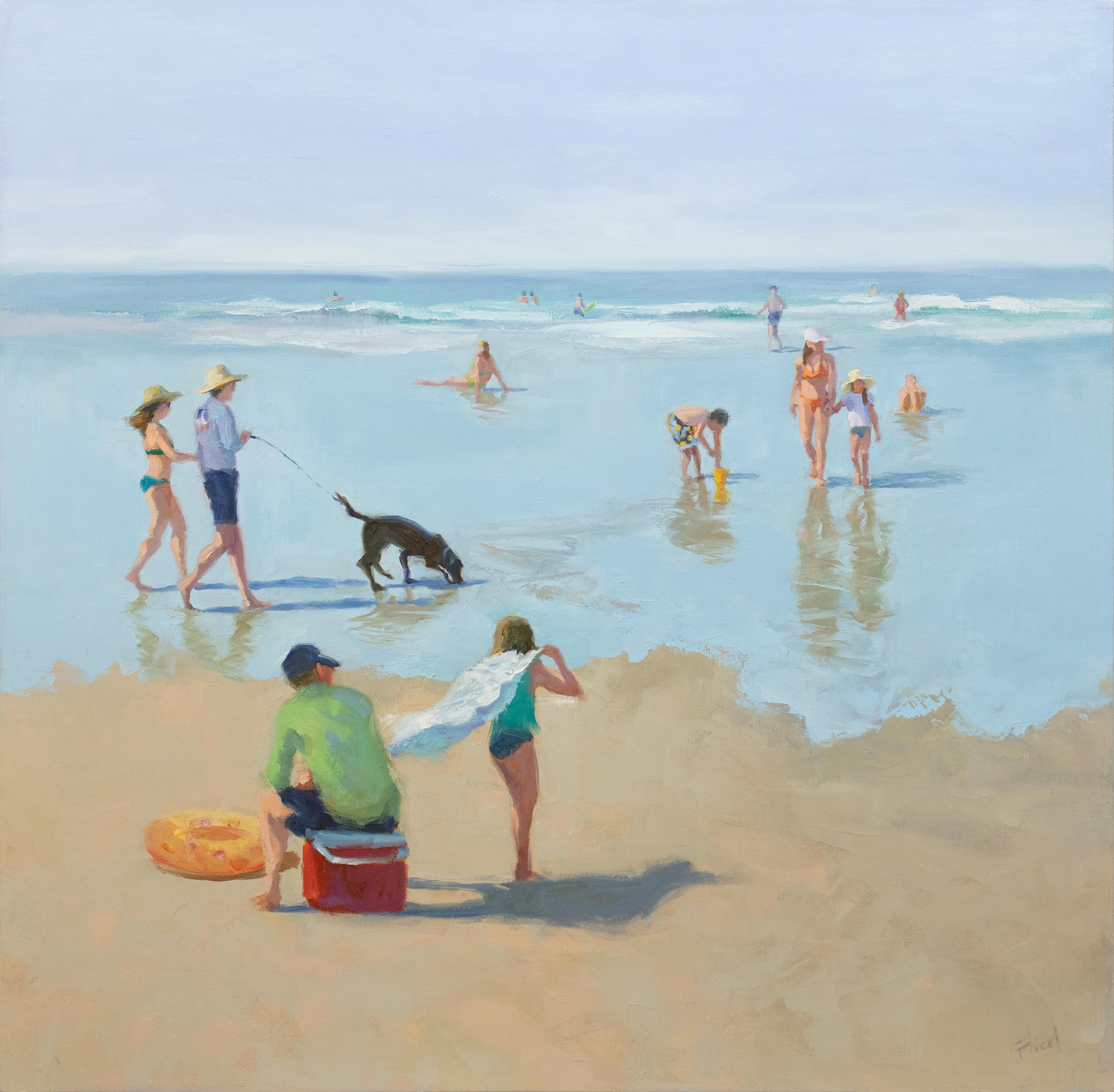 Dieses Gemälde einer Küstenlandschaft zeigt Strandbesucher beim Faulenzen und Schwimmen an der Küste. Es zeichnet sich durch eine kühle Farbpalette und einen lockeren, malerischen Stil aus. Das Gemälde ist mit Ölfarbe auf galerieumwickelter Leinwand