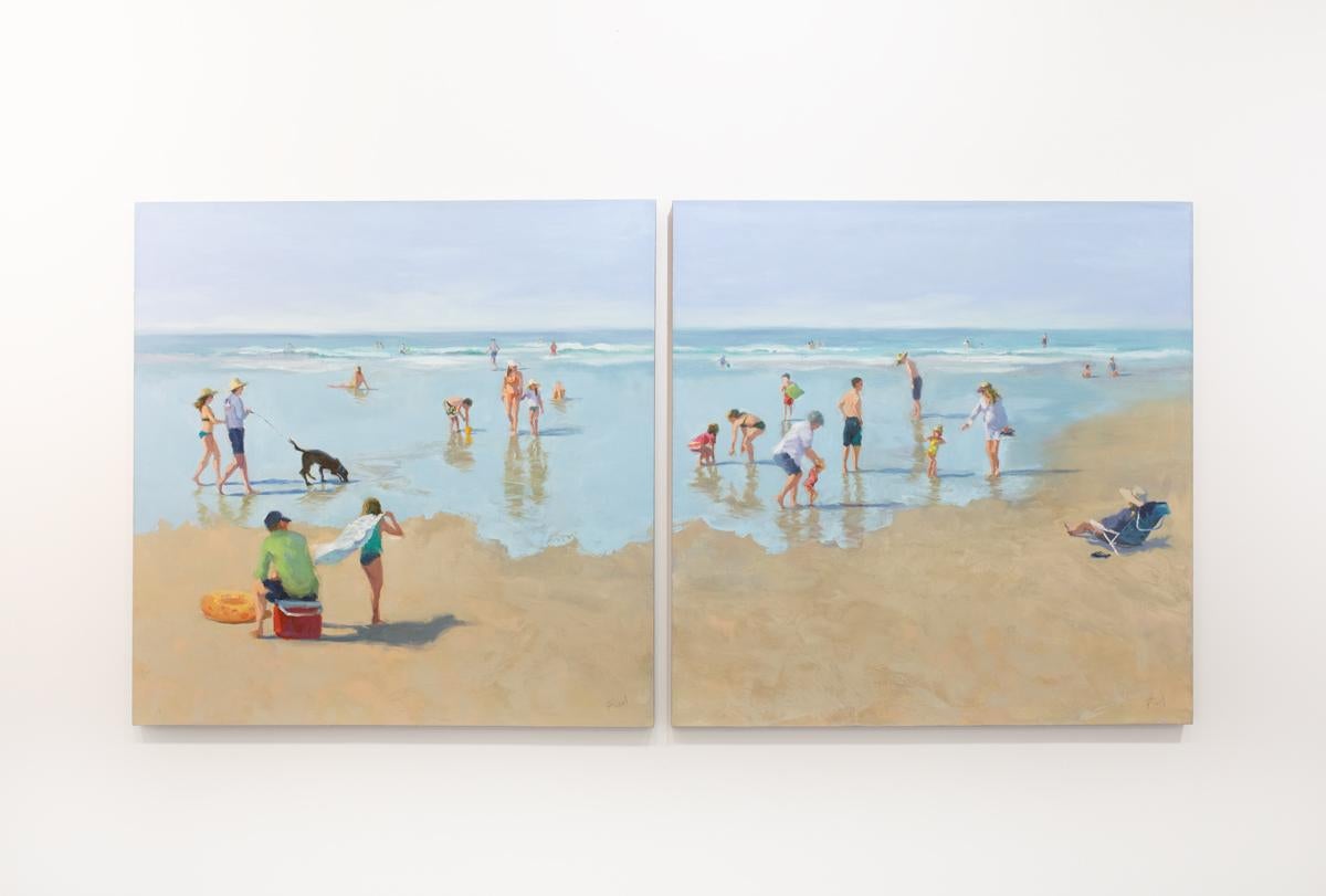 This coastal landscape paintings captures beach-goers lounging and swimming along a shoreline, and features a cool palette and loose, painterly style. The painting is made with oil paint on gallery wrapped canvas, and has clean, neutral painted