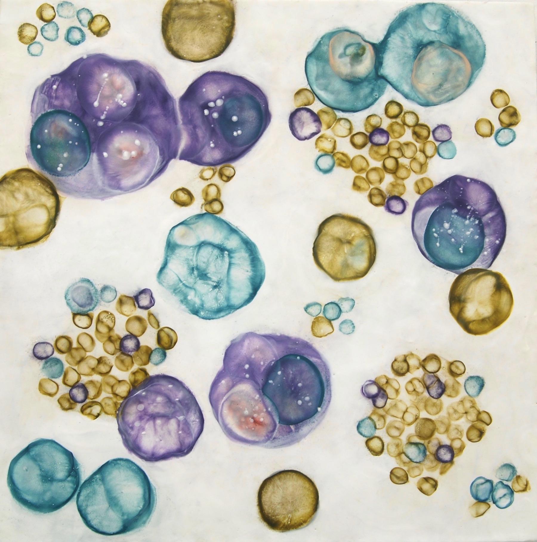 "Bio Flow 22", abstract, microscopic, purple, green. encaustic, mixed media