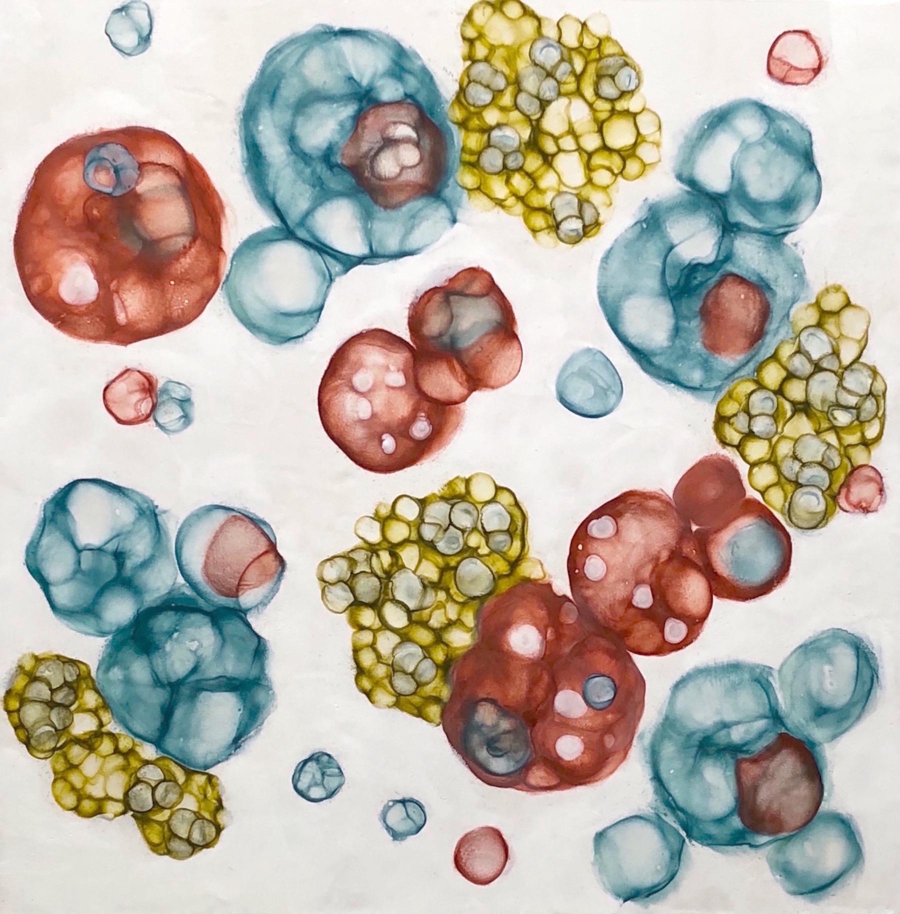"Bio Flow 23", encaustic, microscopic, teal, rust, yellow, green, abstract - Painting by Kay Hartung