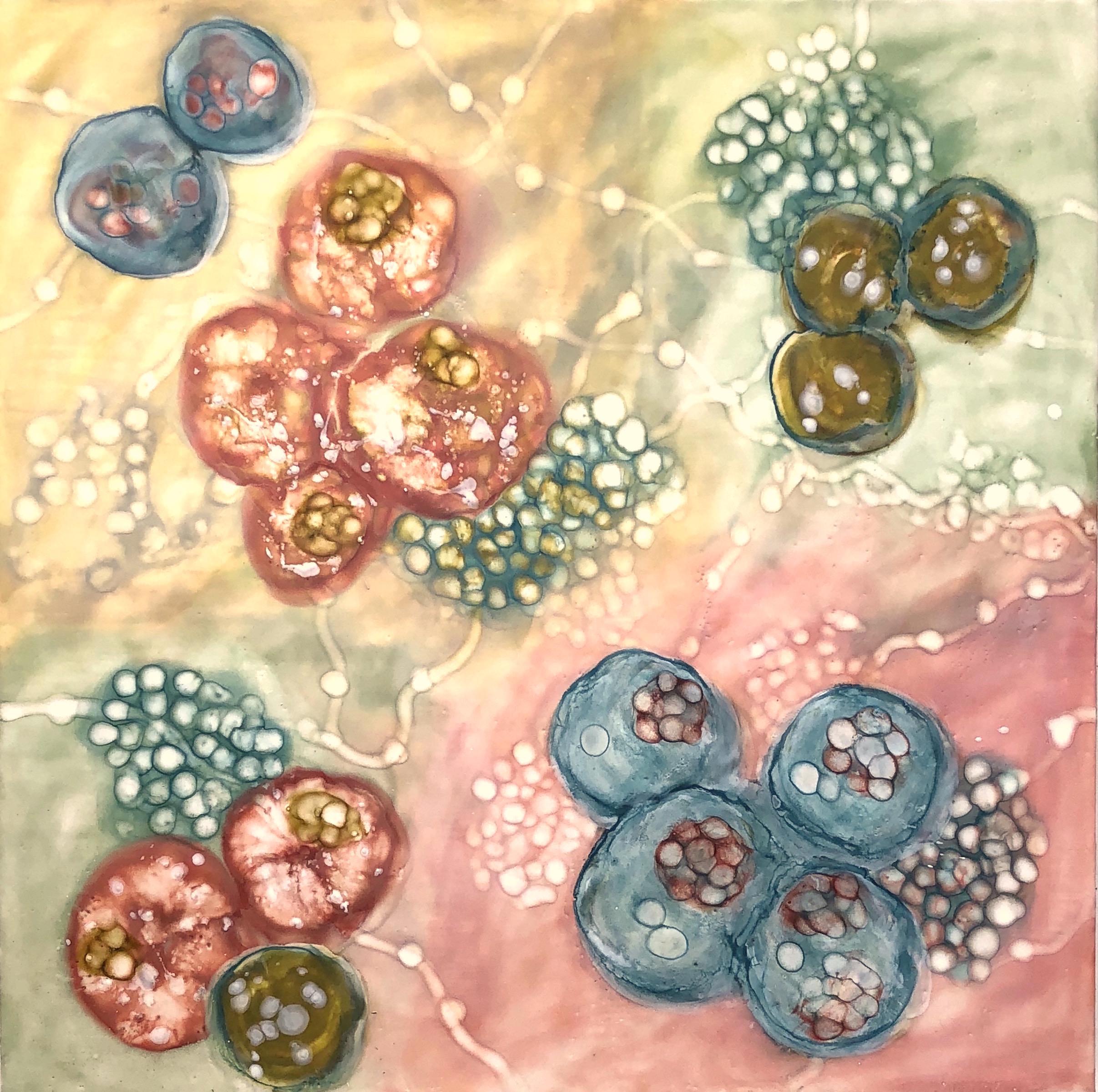 "Bio Flow 24", abstract, microscopic, blue, green, pink, encaustic, mixed media - Mixed Media Art by Kay Hartung