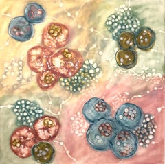 "Bio Flow 24", encaustic, mixed media, pastel, microscopic, blue, green, pink