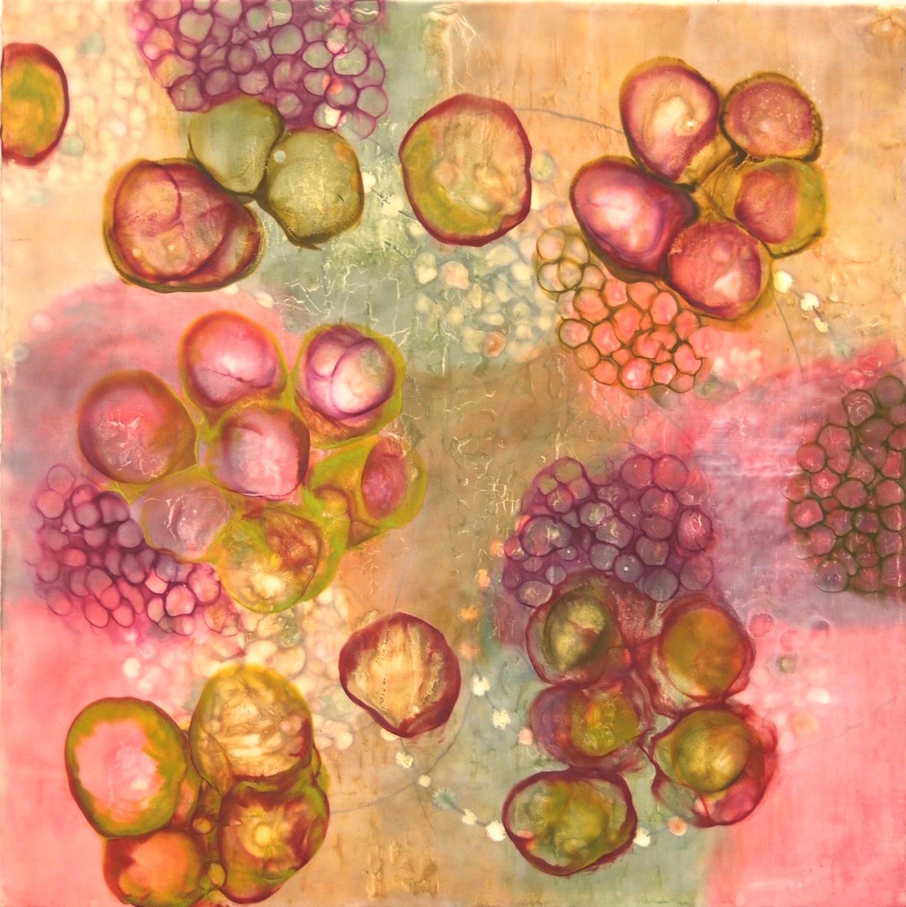 "Bio Flow 5", encaustic, mixed media, microscopic, pink, maroon, green, ochre