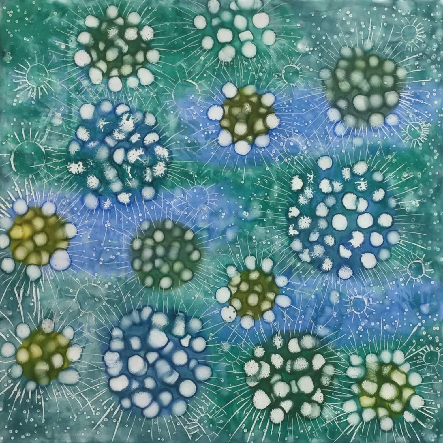 « Celestial Explosion 2 », abstrait, bleu, verts, motifs, pastel, à l'encaustique - Mixed Media Art de Kay Hartung