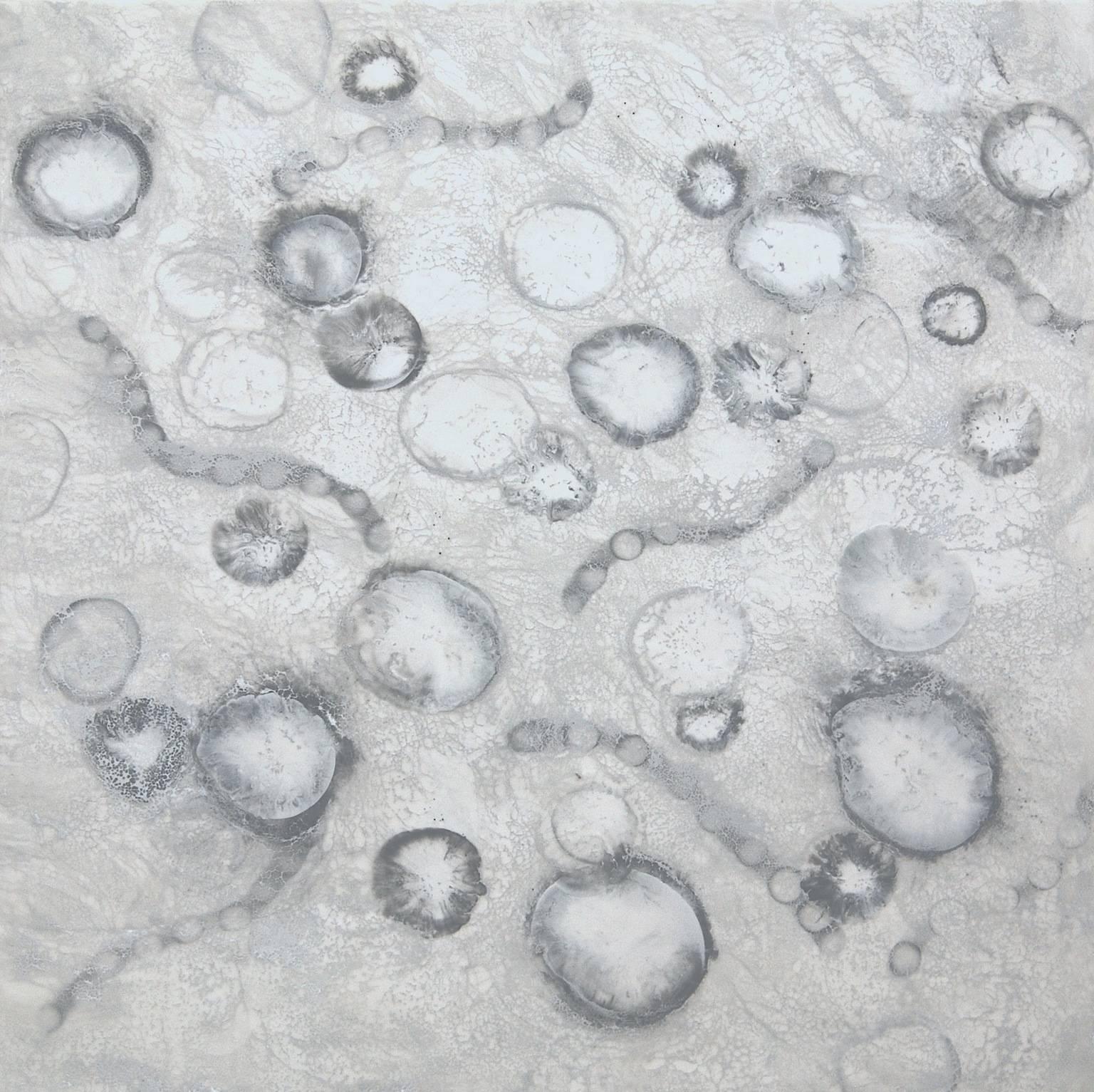 „Dispersion 3“, abstrakt, mikroskopisch, grau, weiß, schwarz, enkaustisch