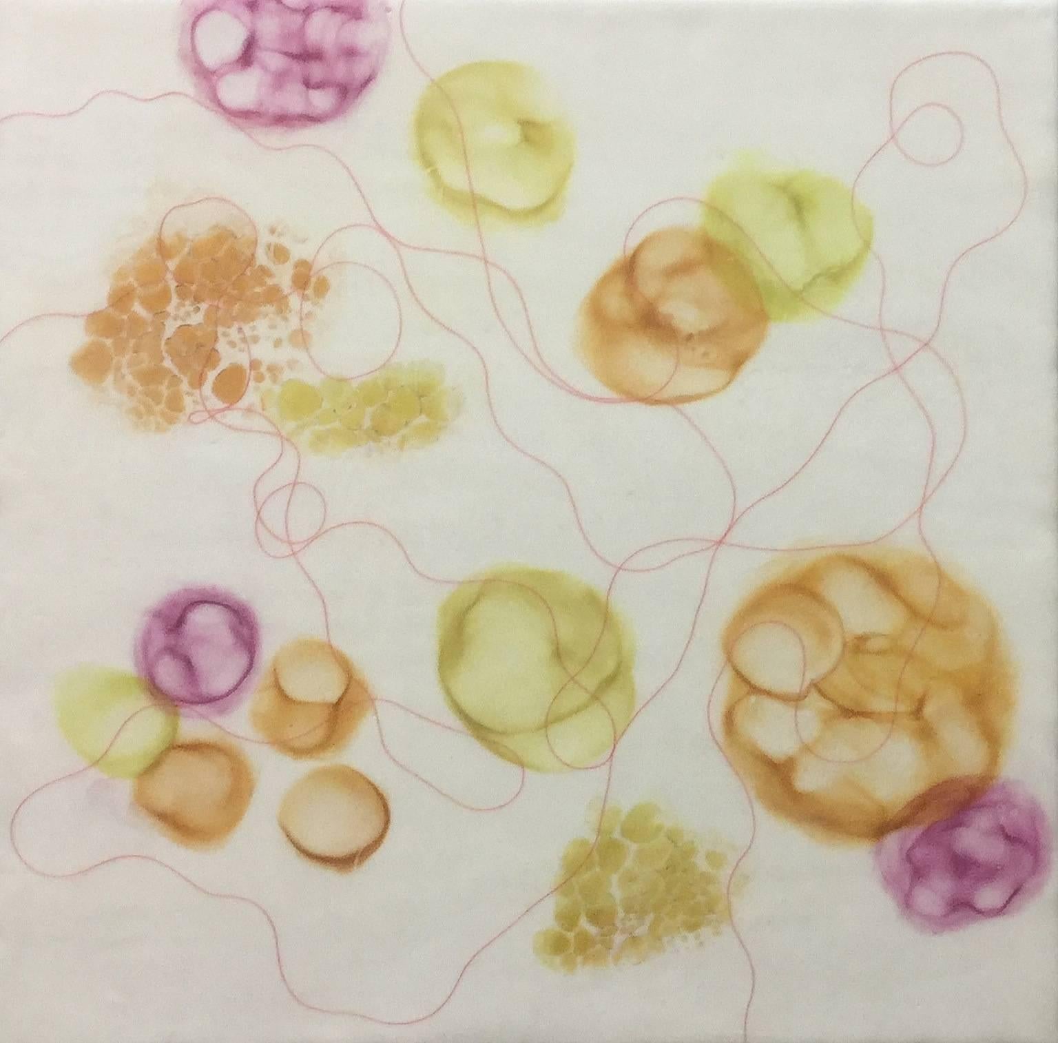 "Bio Bloom 9", abstract, encaustic, pastel, microscopic, magenta, white
