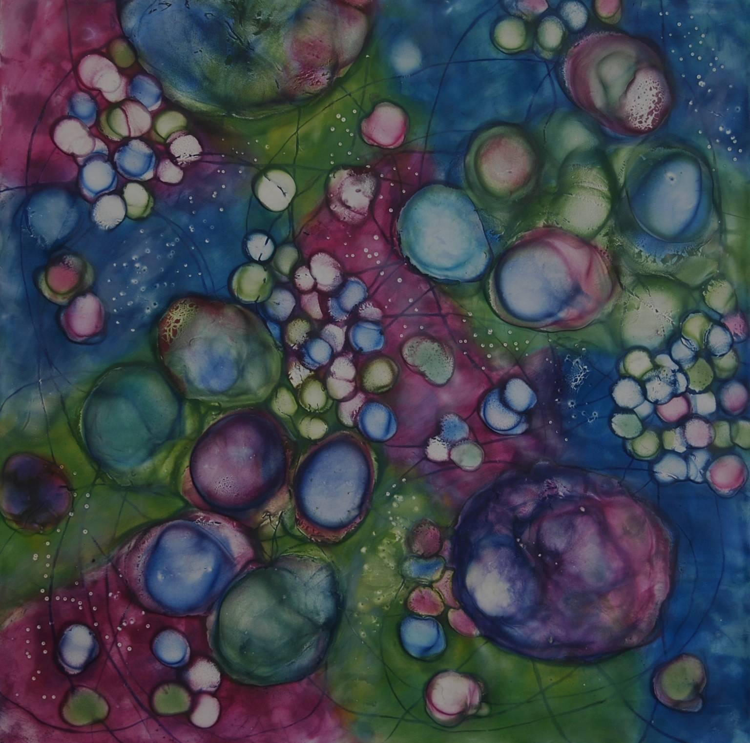 "Bio Flow 6", encaustic, pastel, abstract, microscopic, blue, magenta, green