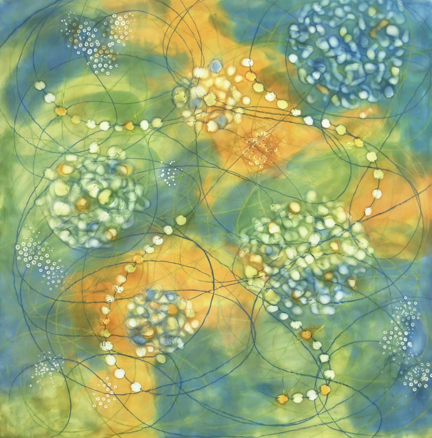 "Bio Fusion 15", encaustic, pastel, abstract, microscopic, teal, green, orange