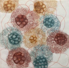 "Bio Fusion 7", abstract, microscopic, ochre, teal, rust, mixed media, encaustic