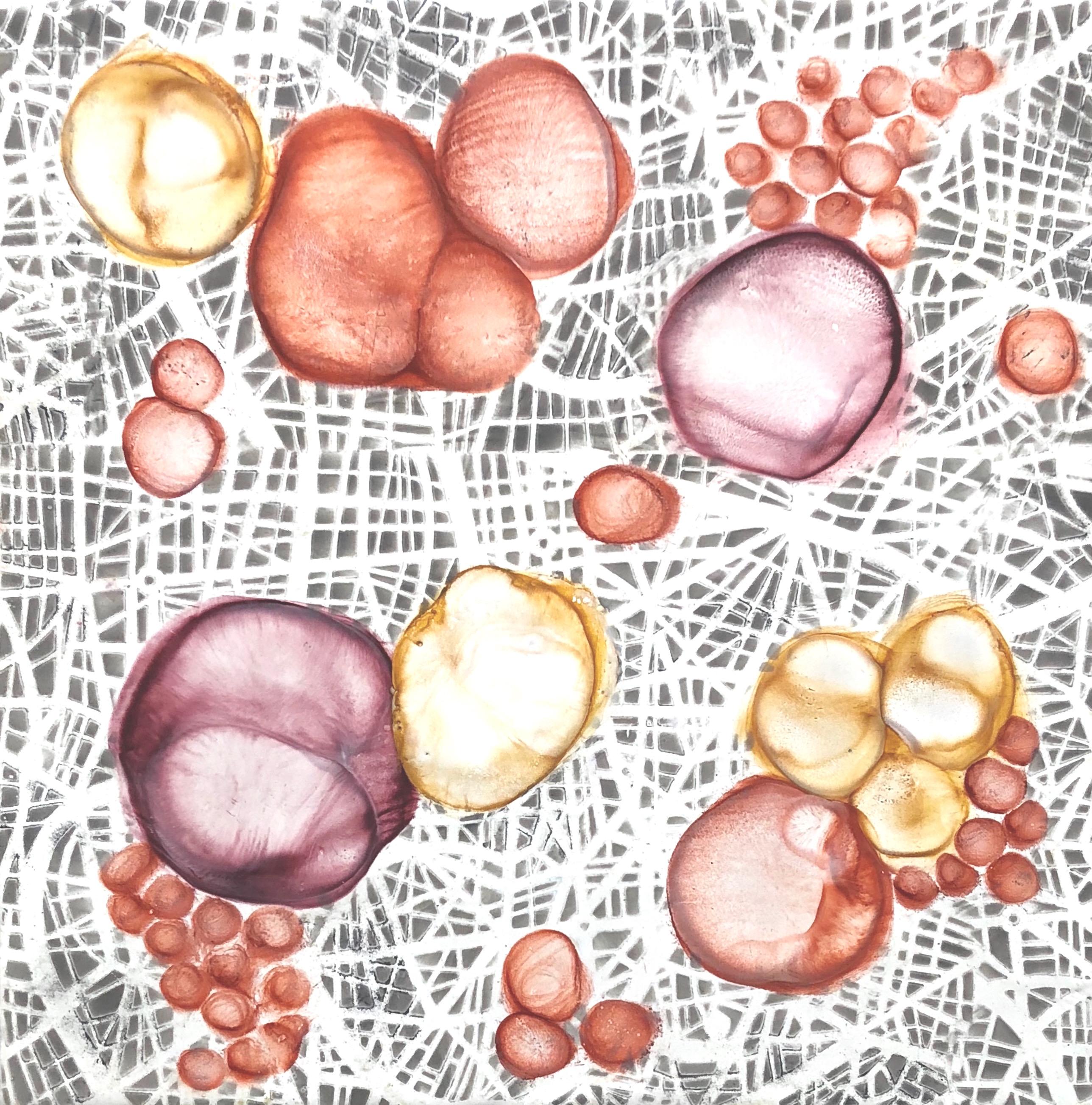 « Bio Networks 1 », pastel, abstrait, microscopique, rouille, marron, gris, encaustique