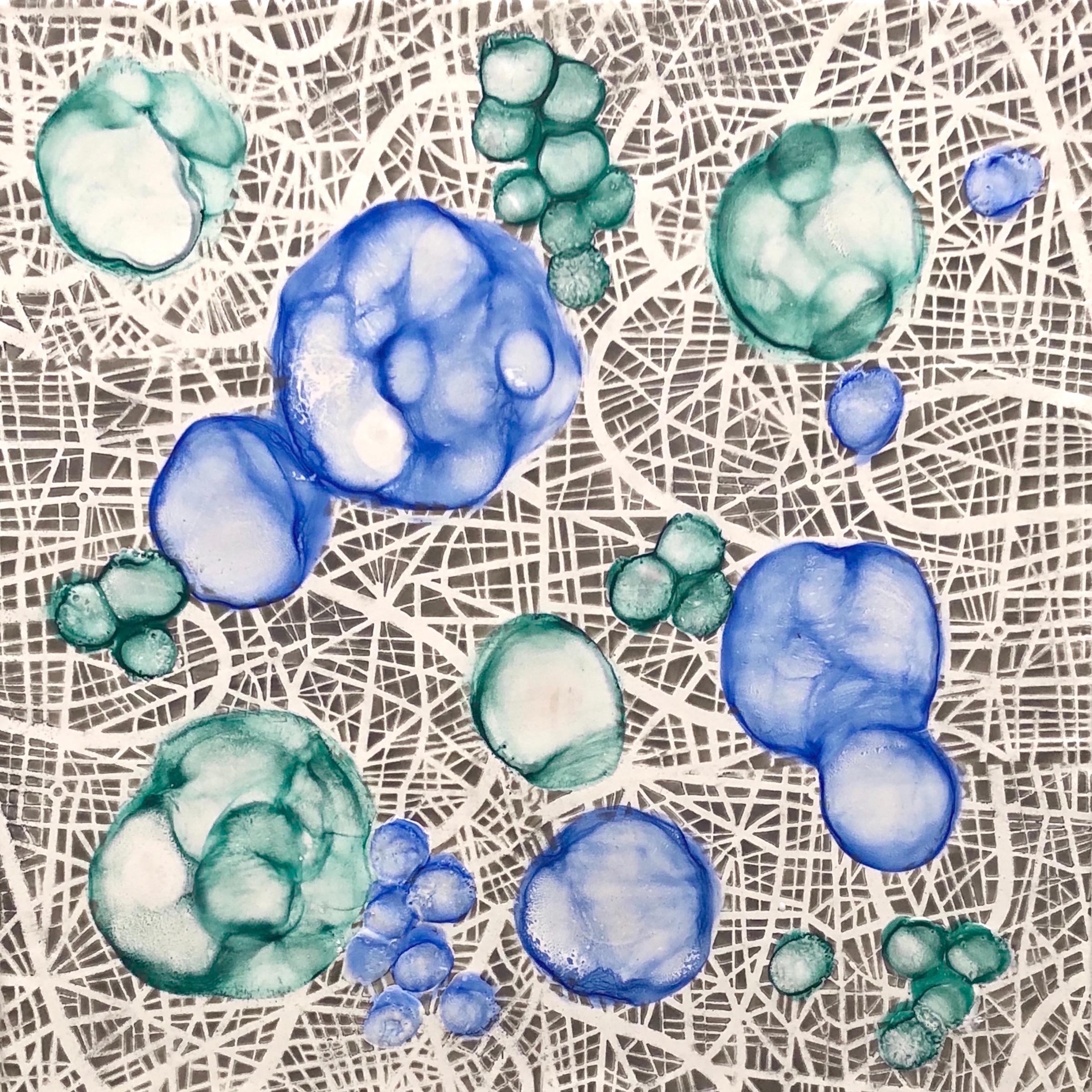 "Bio Networks 2", encaustic, pastel, abstract, microscopic, blue, green grey
