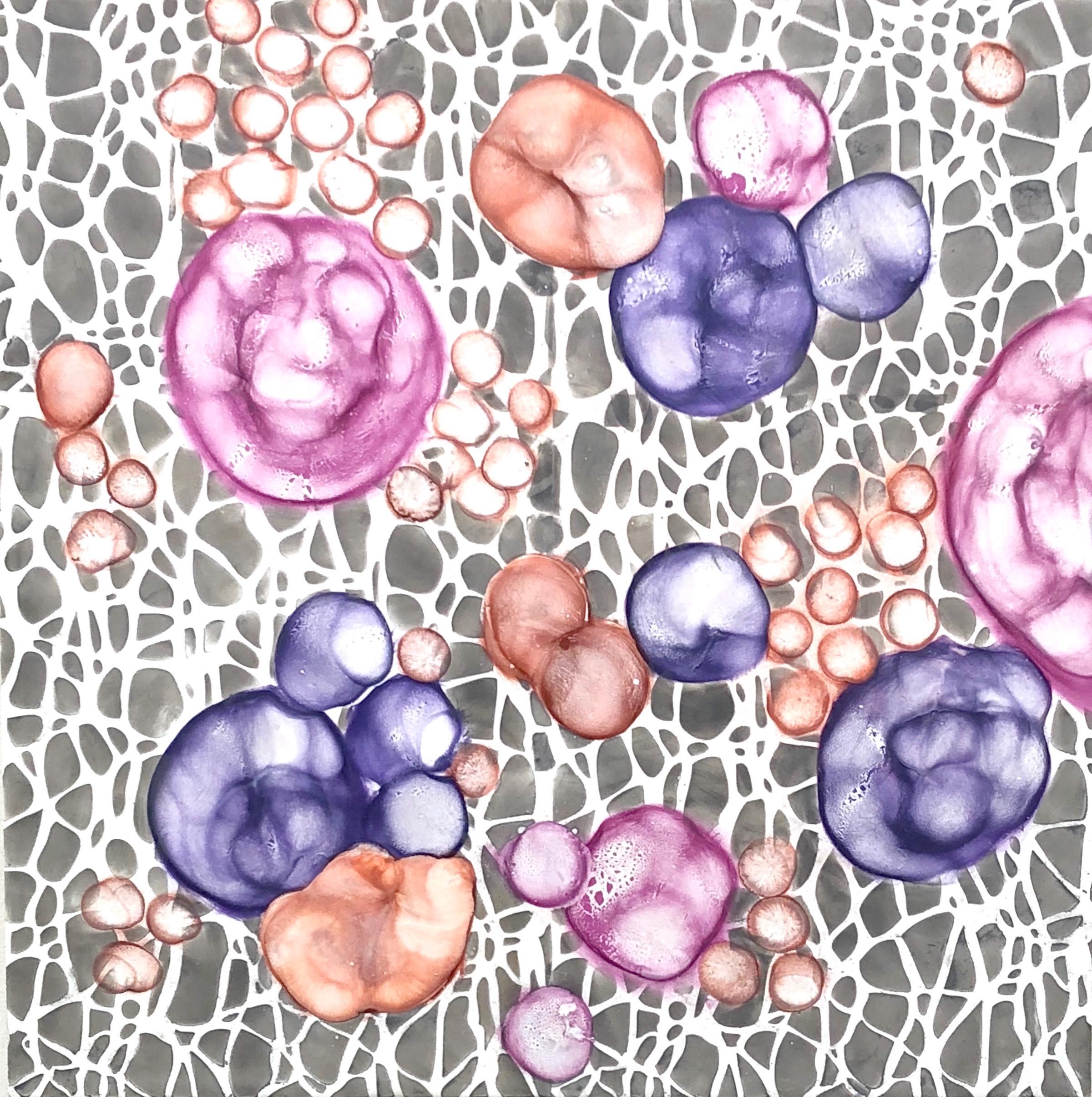 "Bio Networks 3", encaustic, pastel, abstract, microscopic, pink, purple, grey