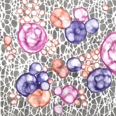 « Bio Networks 3 », abstrait, microscopique, rose, violet, gris, pastel, à l'encaustique