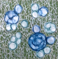 "Bio Networks 4", abstract, microscopic, blue, green, grey, pastel, encaustic